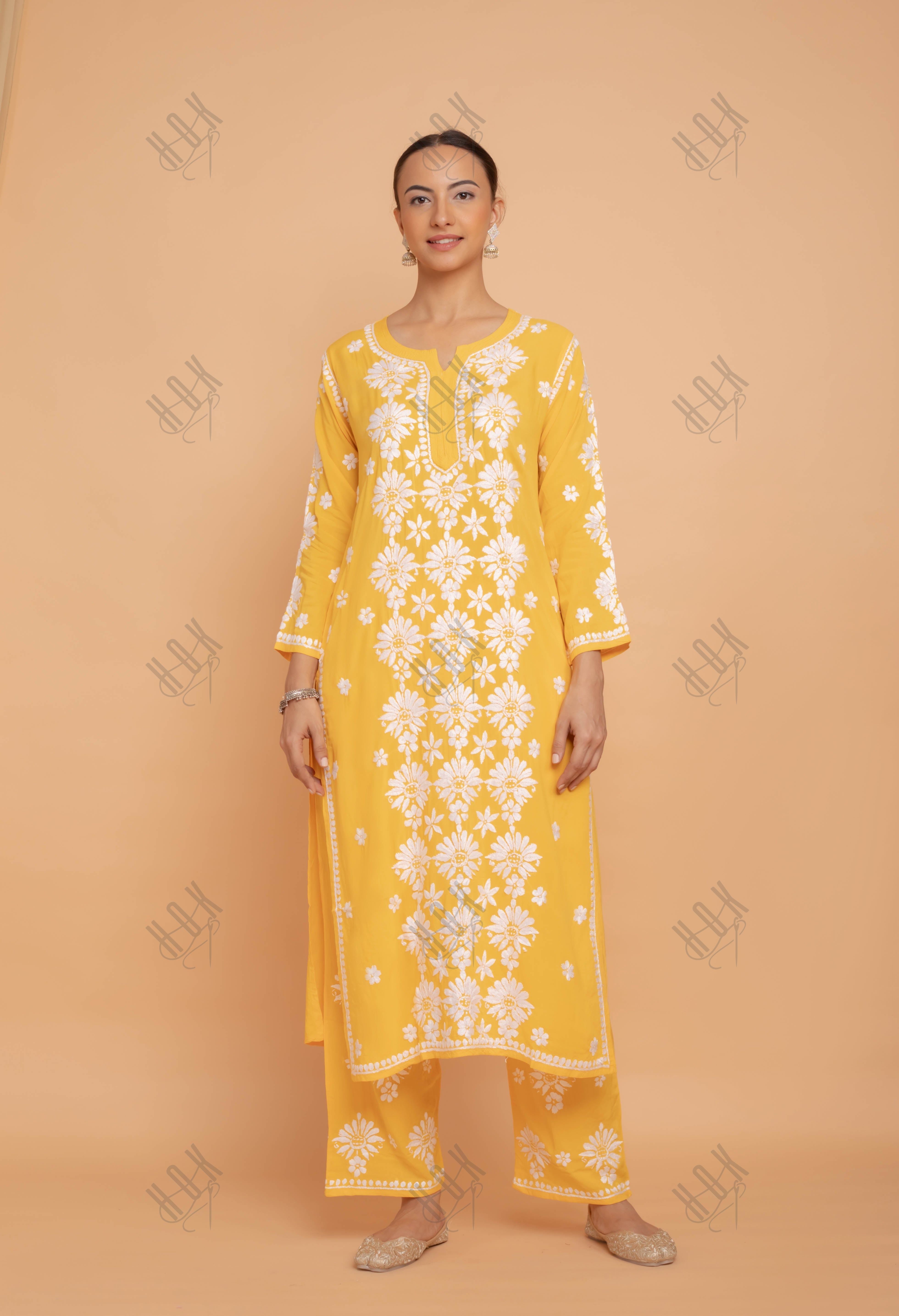 Saba Chikankari Modal Cotton Kurta Set - Mustard