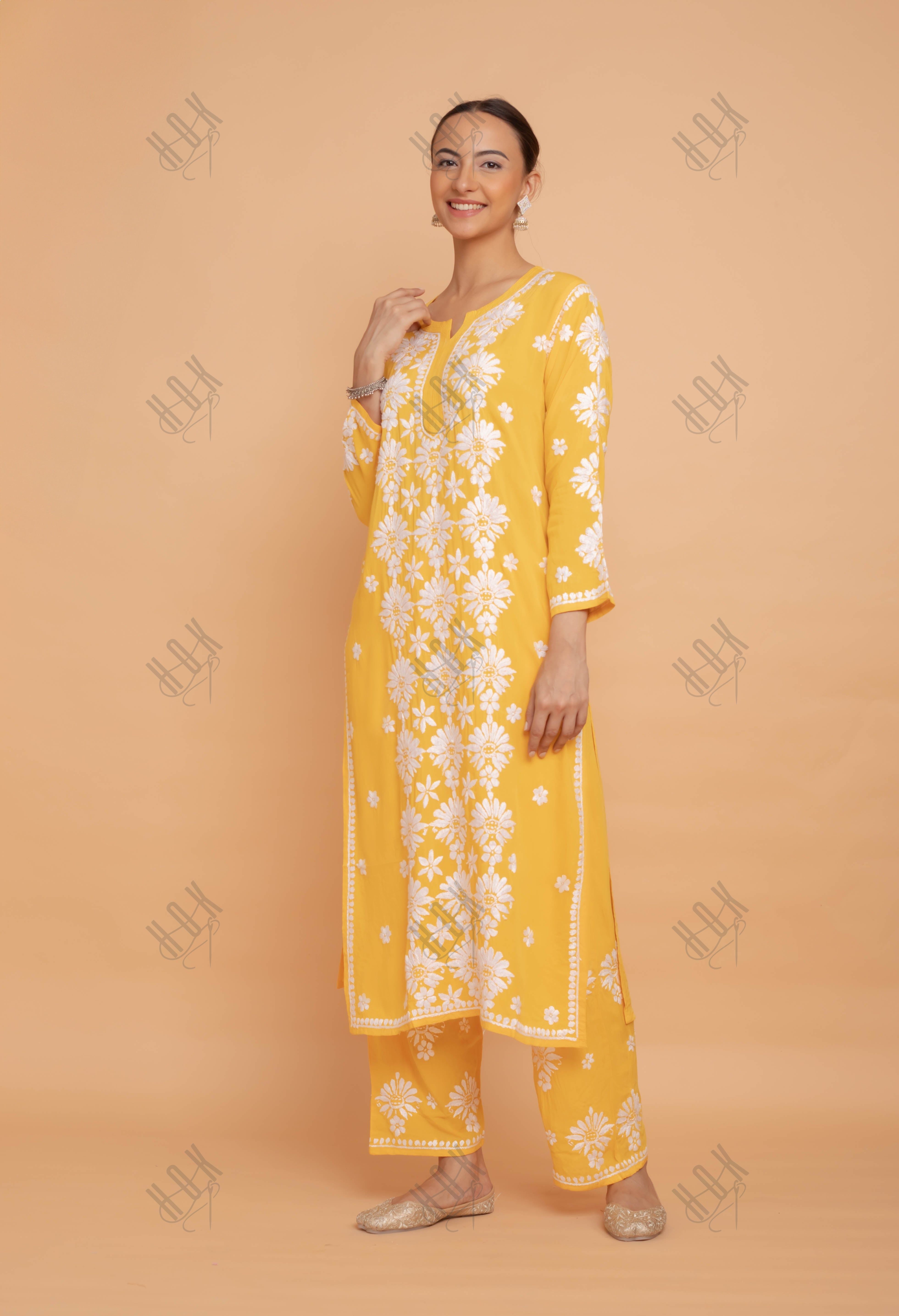 Saba Chikankari Modal Cotton Kurta Set - Mustard