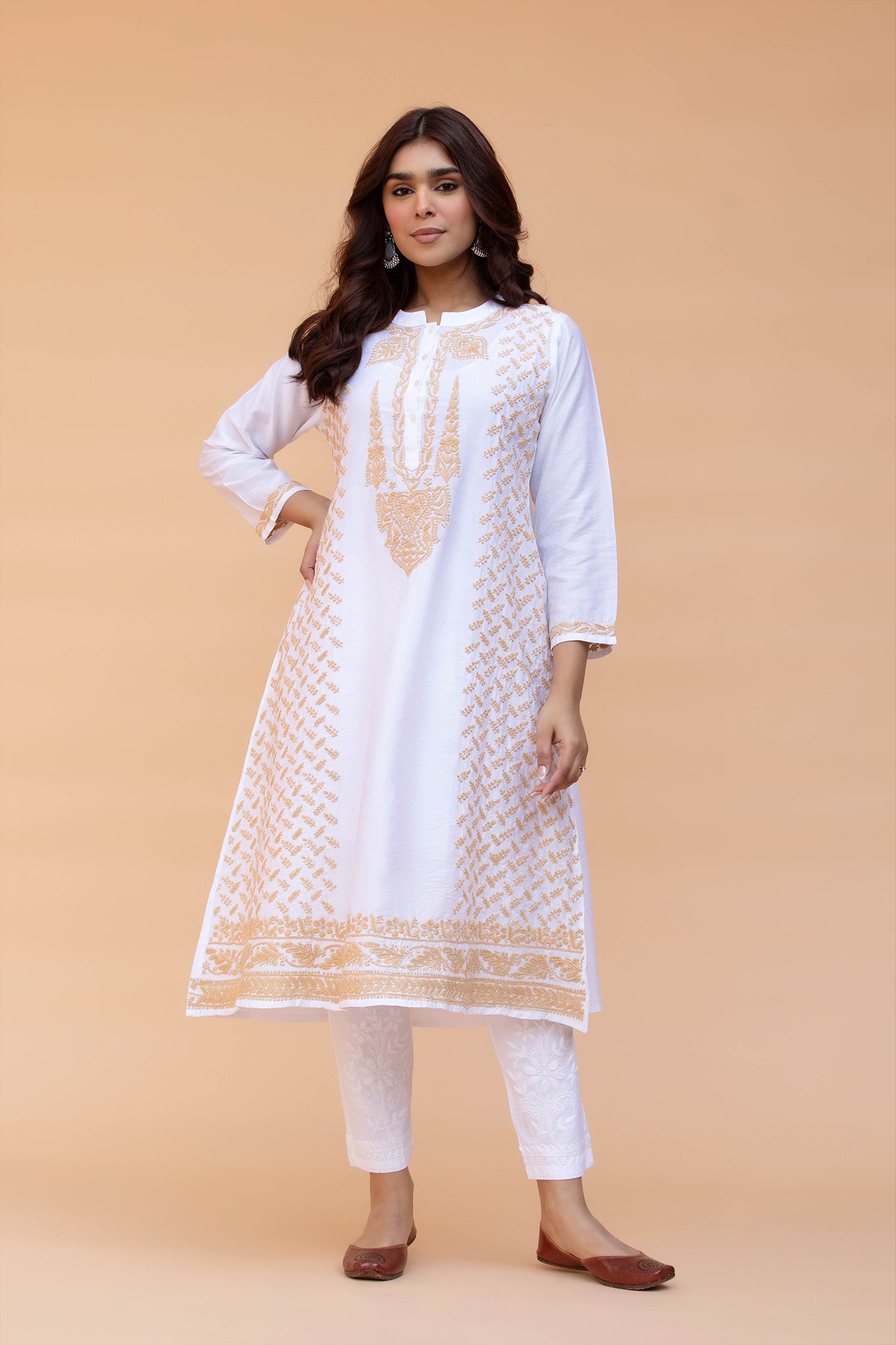 Saba Chikankari Long Kurta in Chanderi Silk with Beige