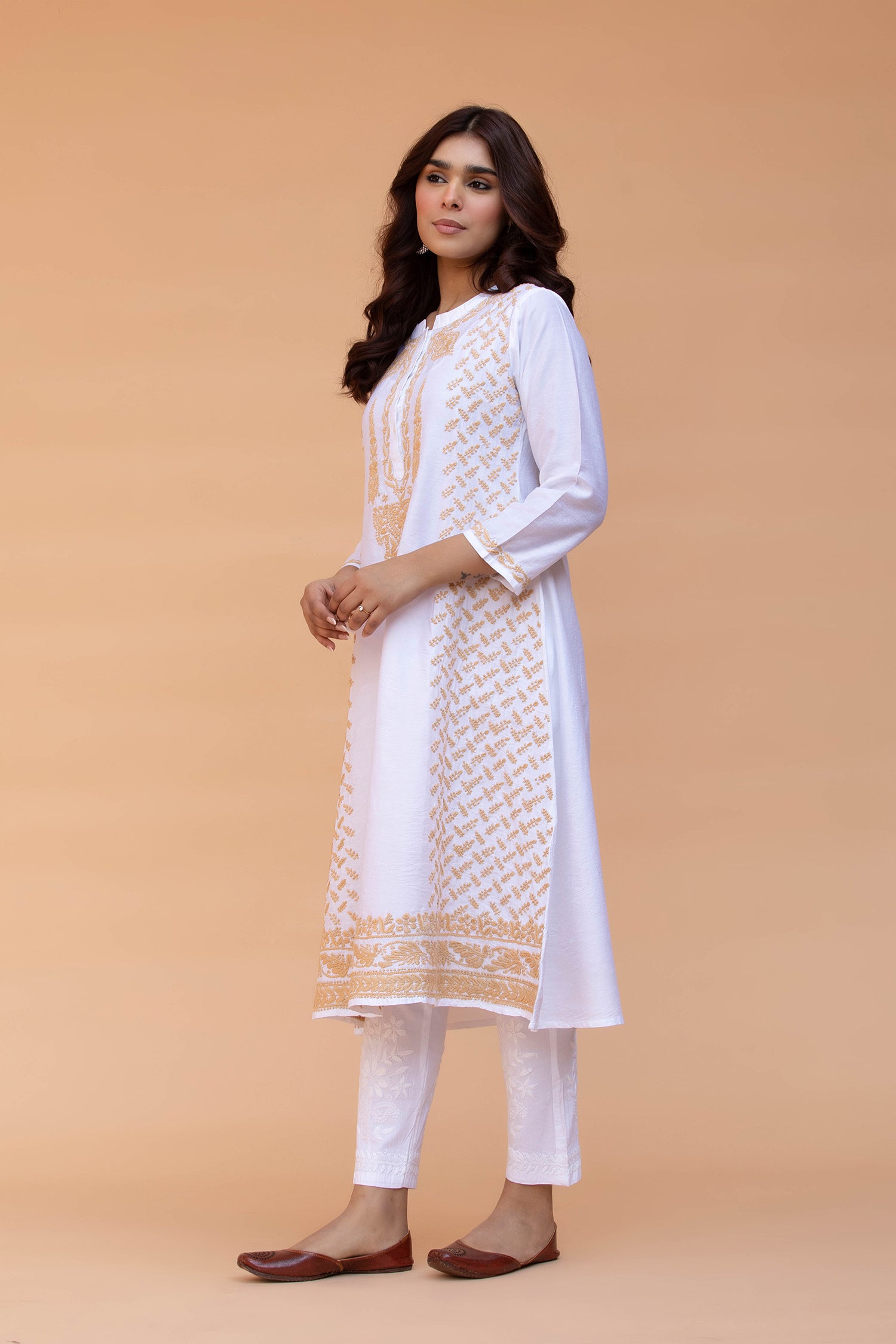 Saba Chikankari Long Kurta in Chanderi Silk with Beige