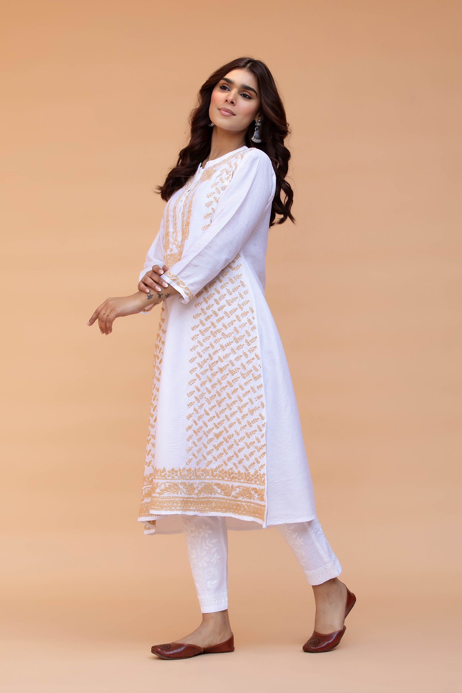 Saba Chikankari Long Kurta in Chanderi Silk with Beige