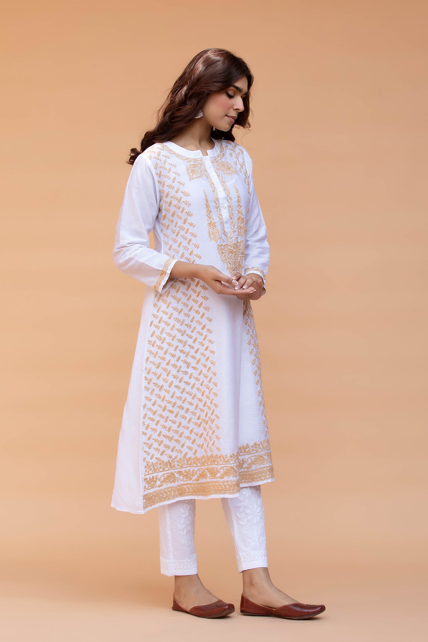 Saba Chikankari Long Kurta in Chanderi Silk with Beige