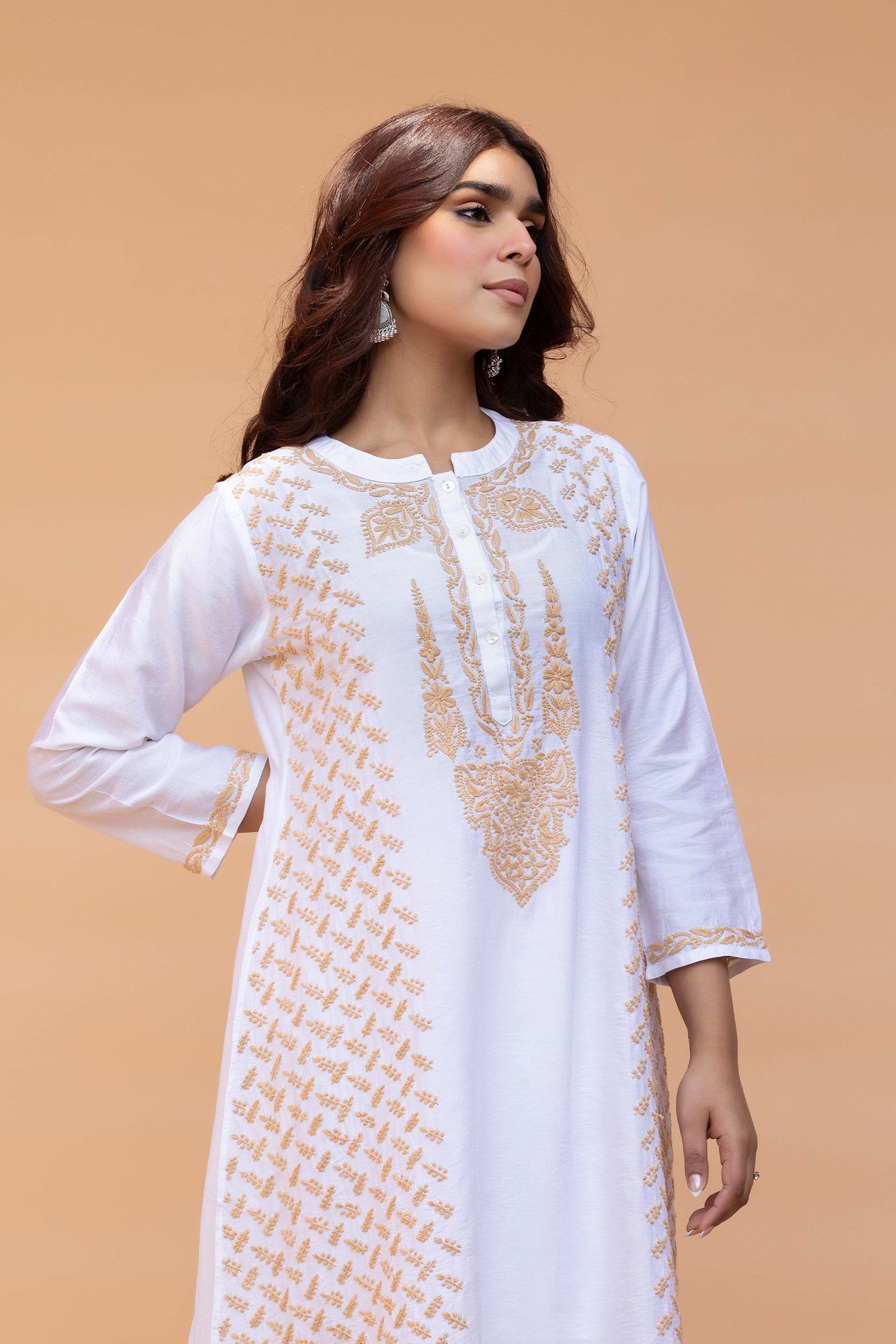 Saba Chikankari Long Kurta in Chanderi Silk with Beige