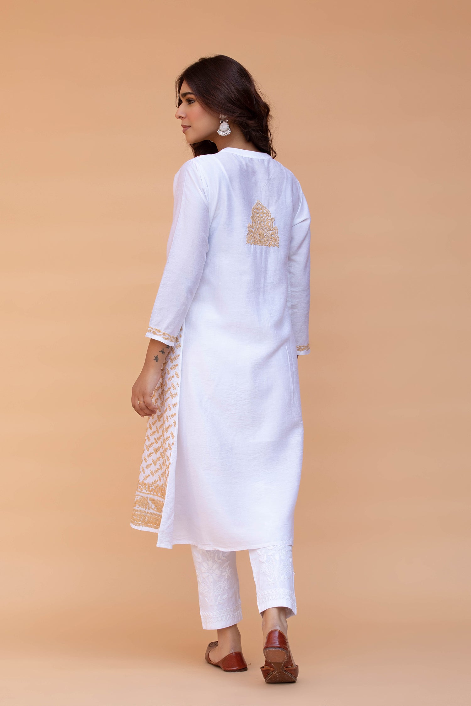 Saba Chikankari Long Kurta in Chanderi Silk with Beige