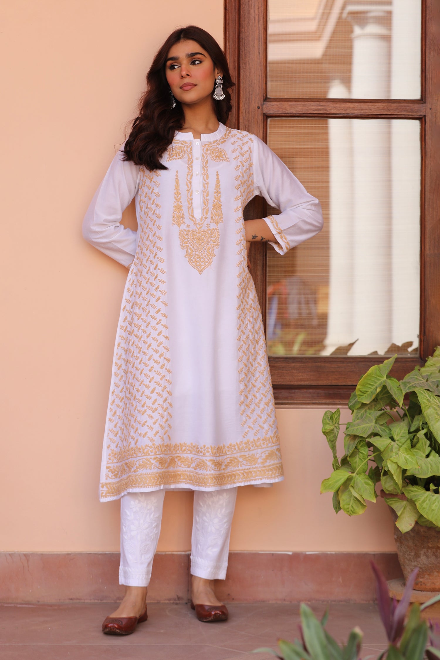 Saba Chikankari Long Kurta in Chanderi Silk with Beige