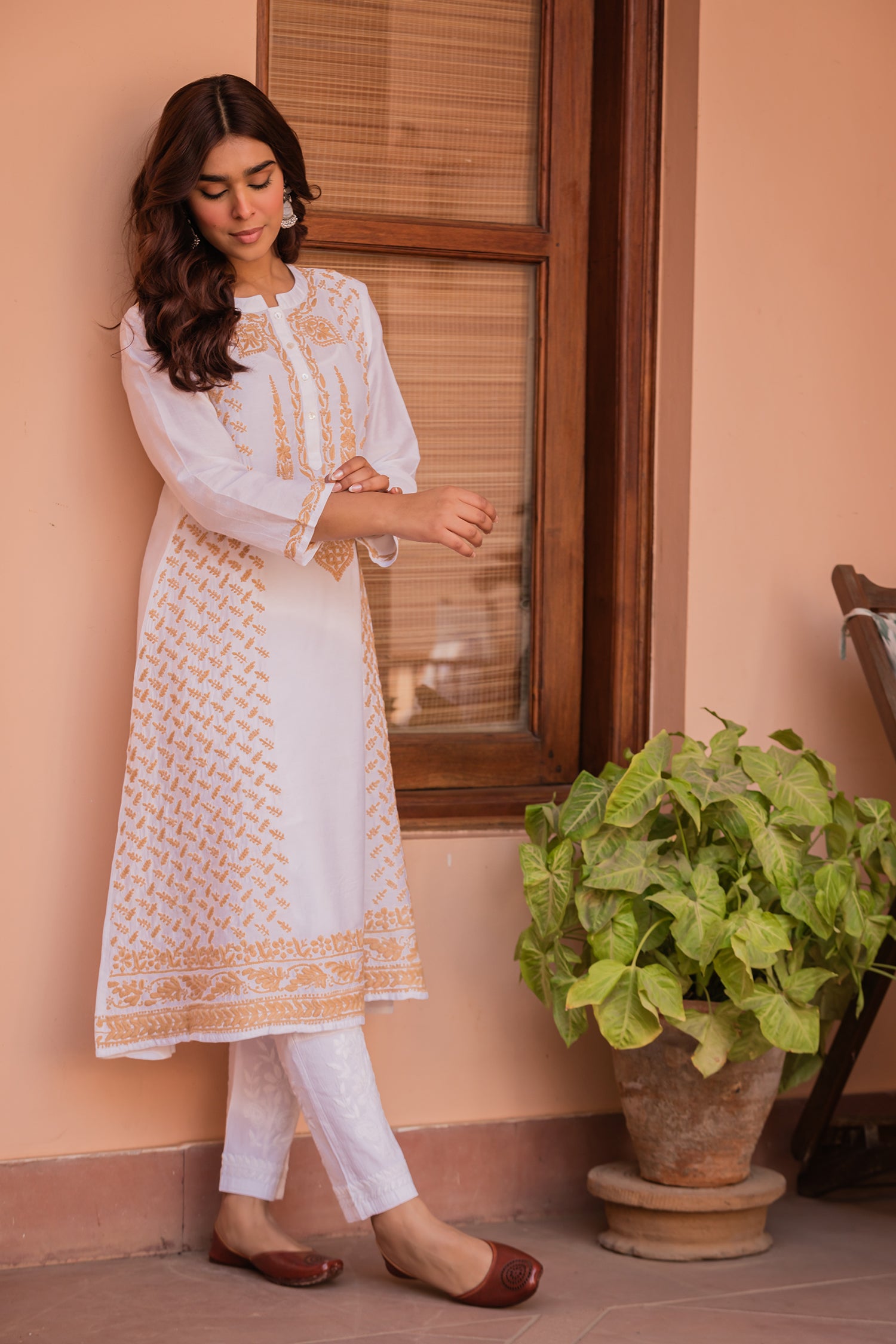 Saba Chikankari Long Kurta in Chanderi Silk with Beige