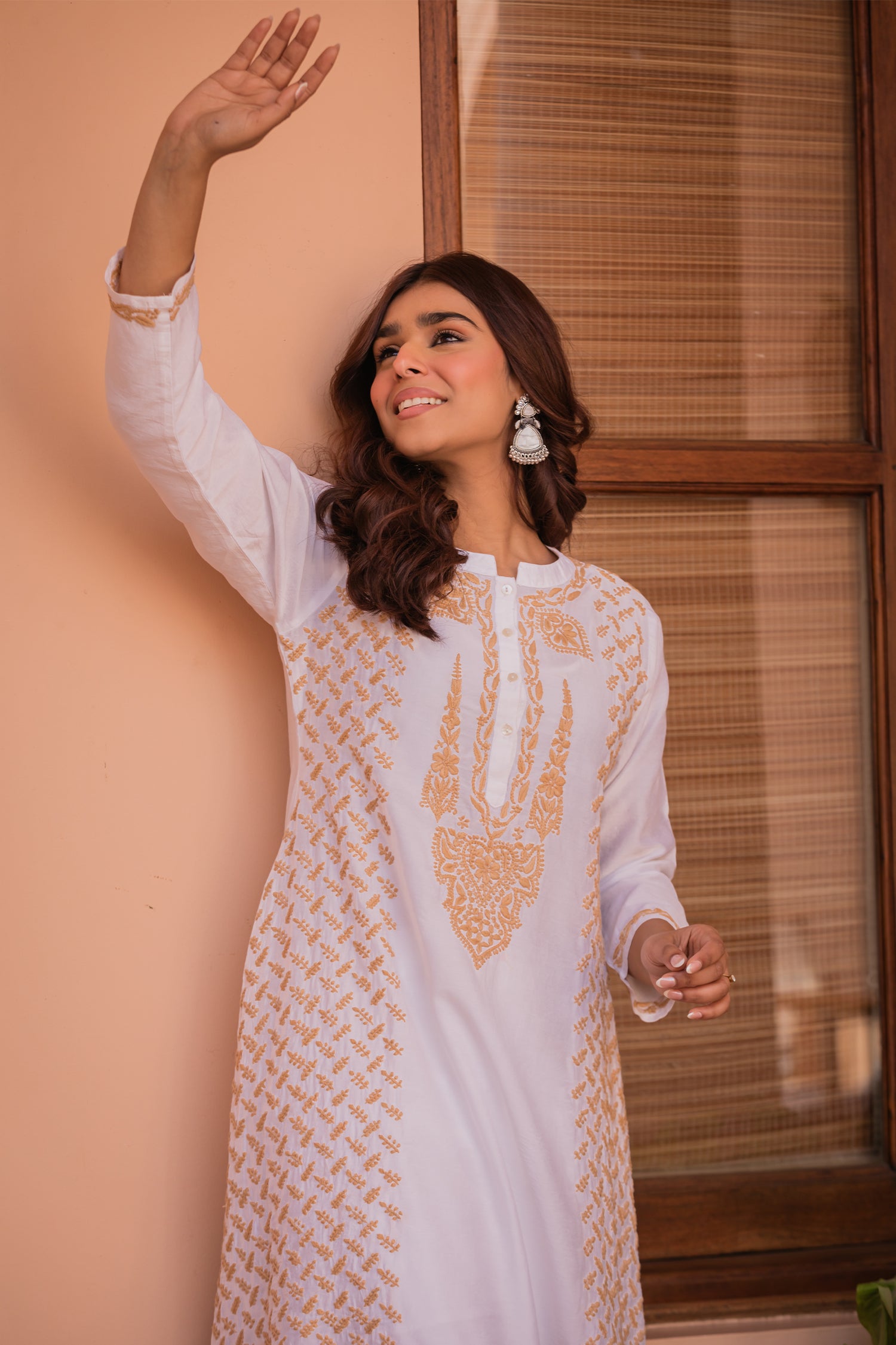 Saba Chikankari Long Kurta in Chanderi Silk with Beige