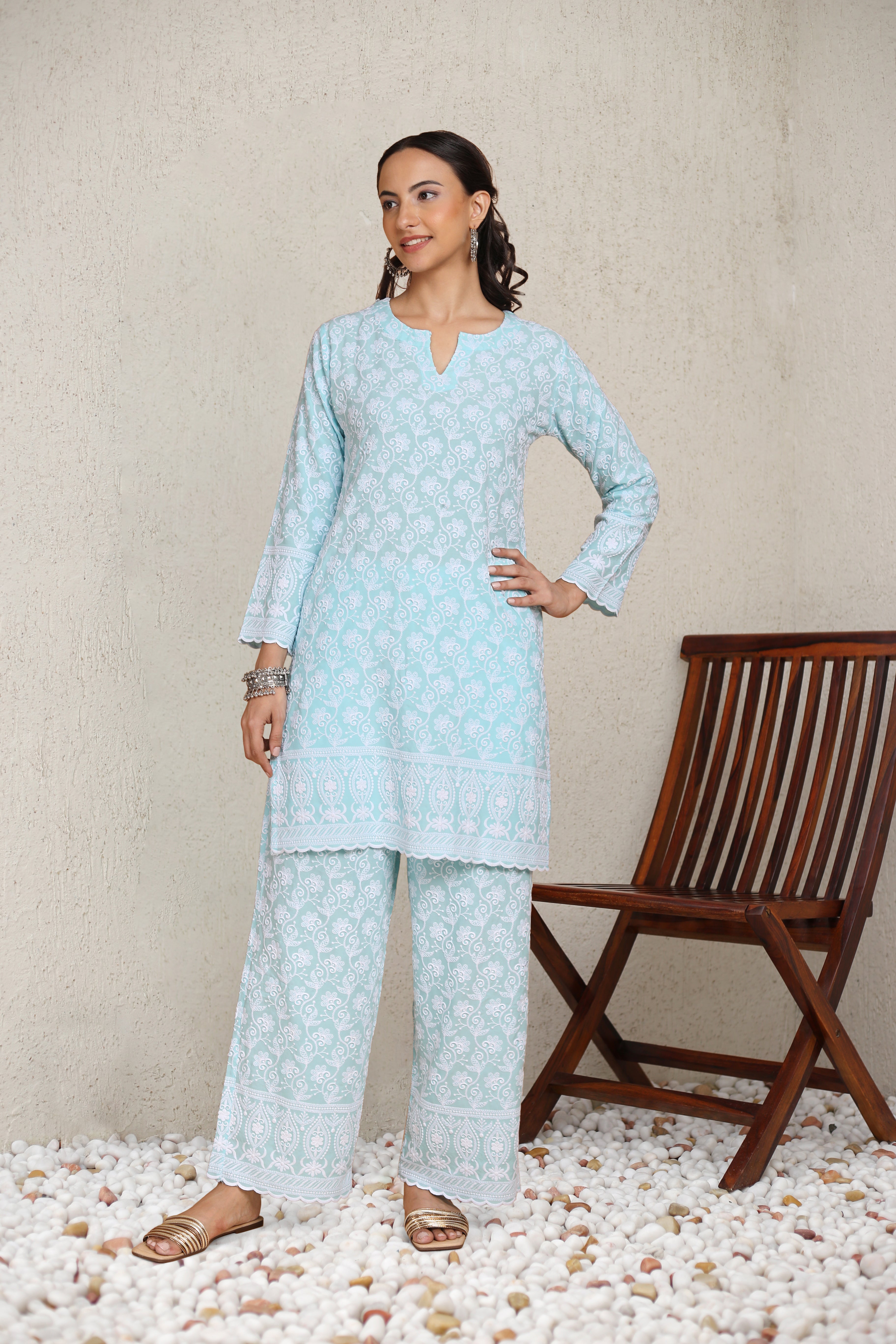 Saba Chikankari Kurta Set in Rayon - Sky Blue