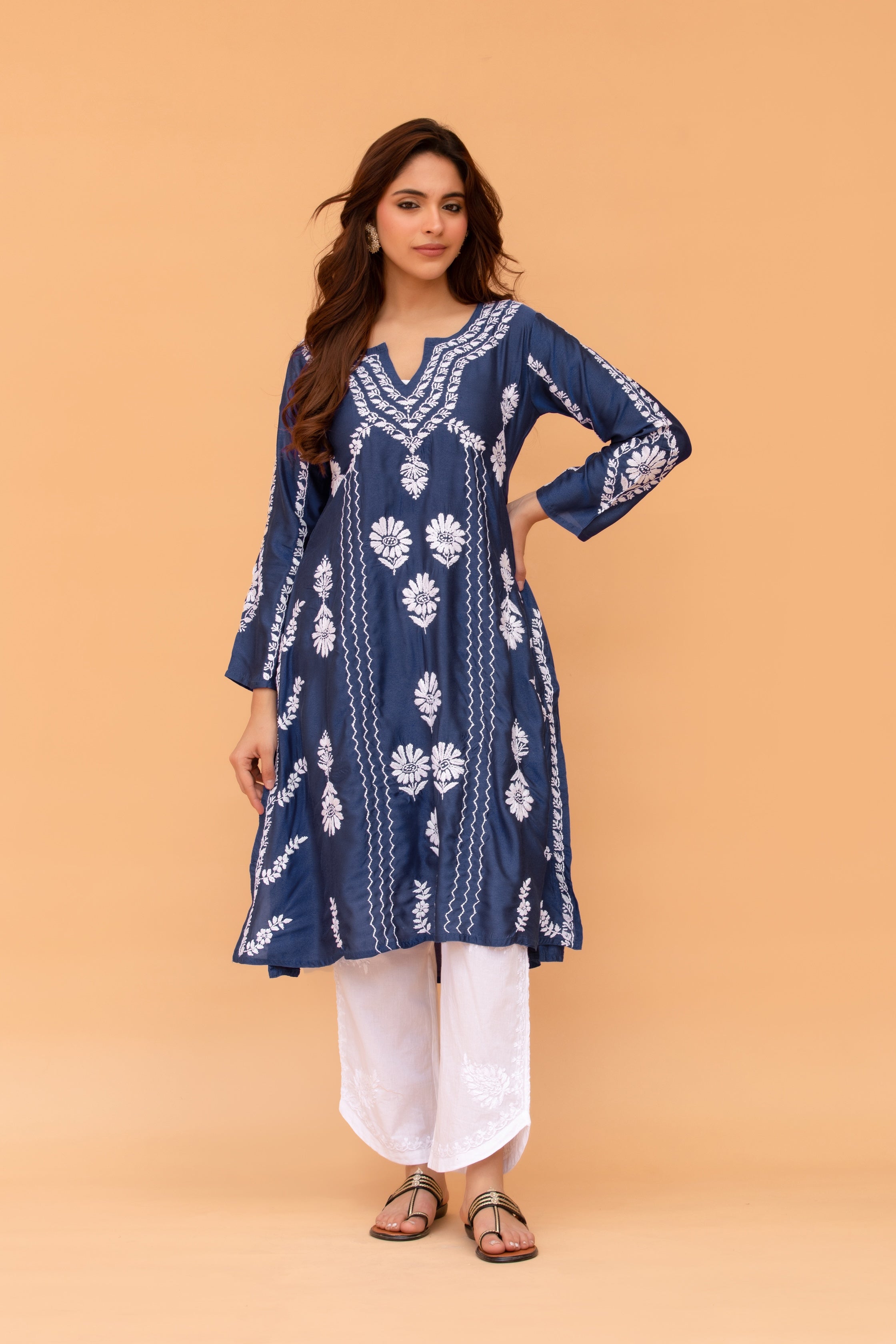 Saba Chikankari Long Kurta in Barfi Silk - Navy Blue