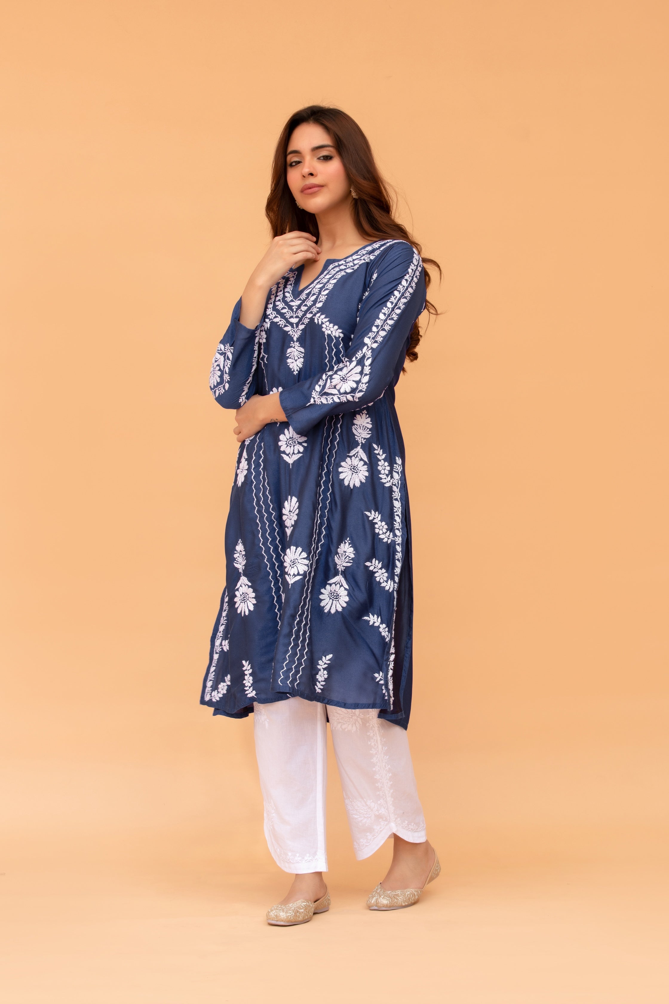 Saba Chikankari Long Kurta in Barfi Silk - Navy Blue