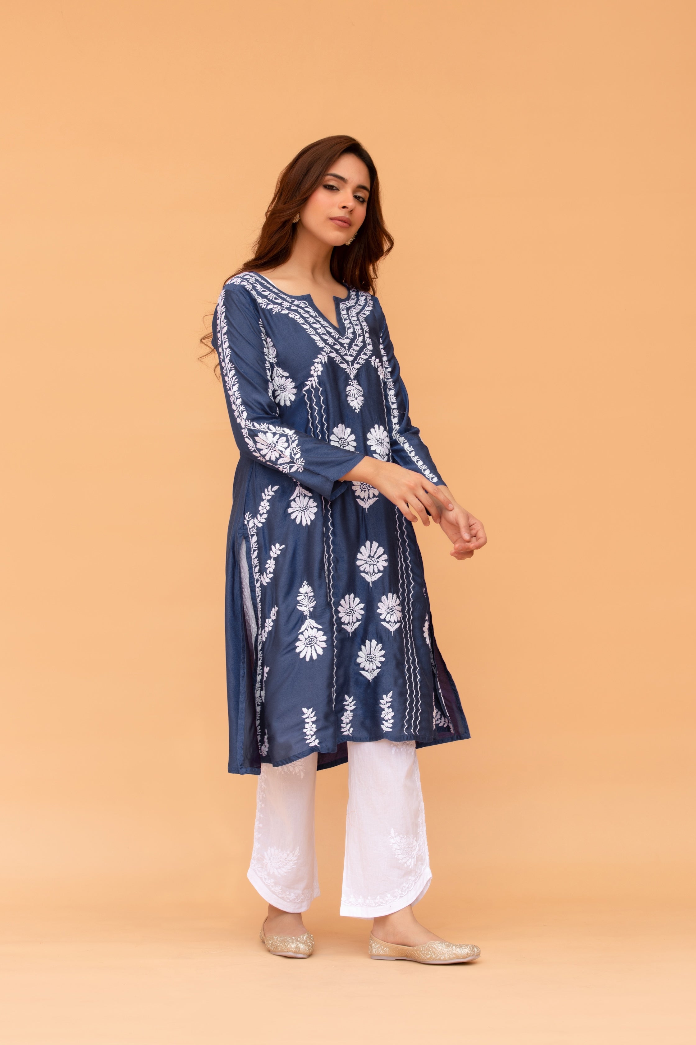 Saba Chikankari Long Kurta in Barfi Silk - Navy Blue