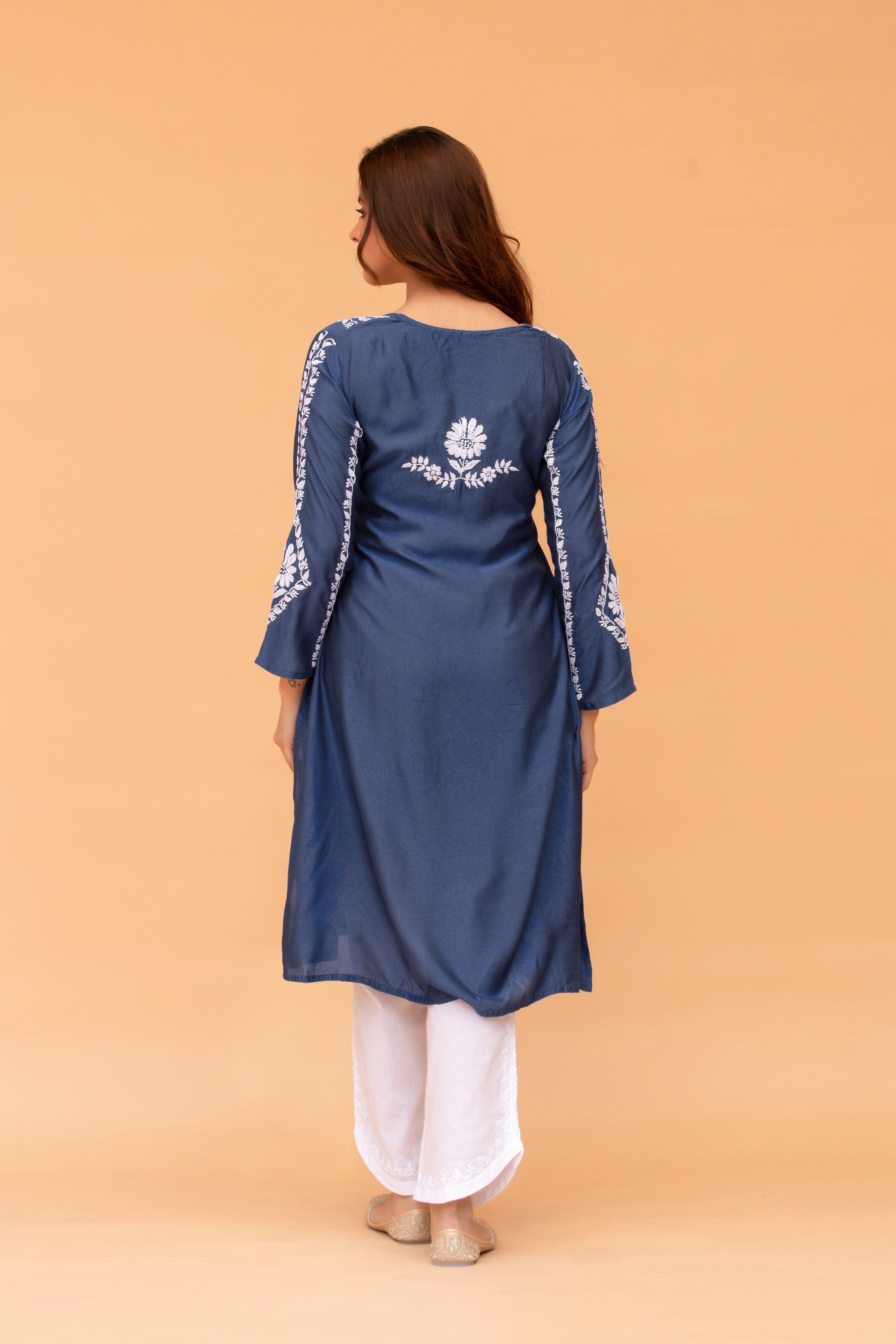 Saba Chikankari Long Kurta in Barfi Silk - Navy Blue