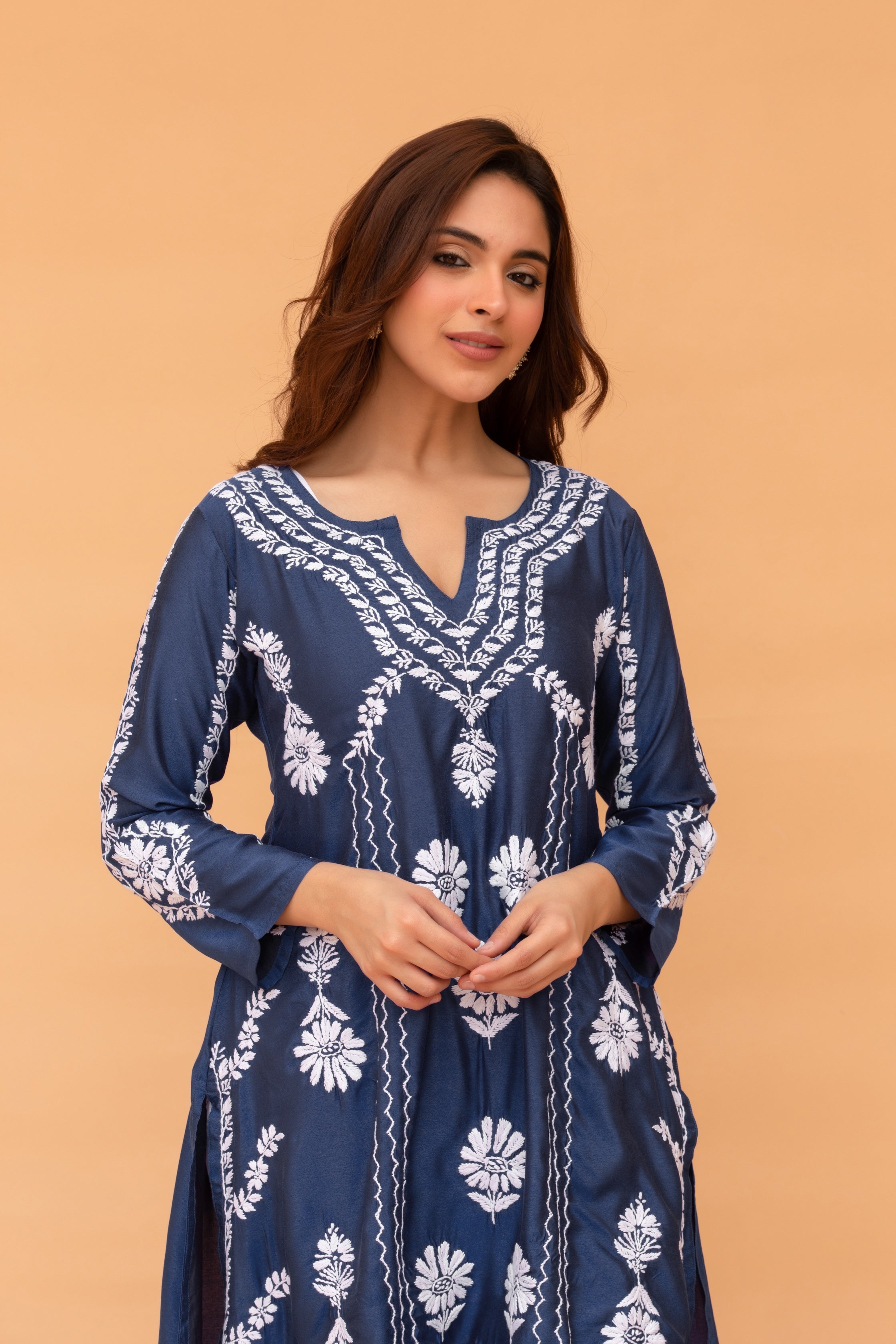 Saba Chikankari Long Kurta in Barfi Silk - Navy Blue