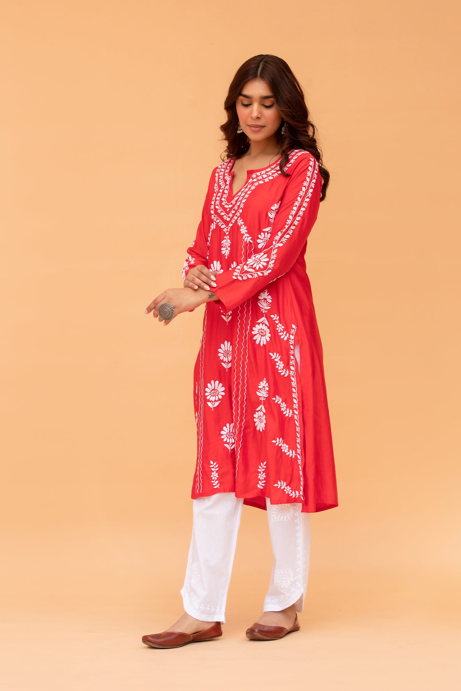 Saba Chikankari Long Kurta in Barfi Silk - Red