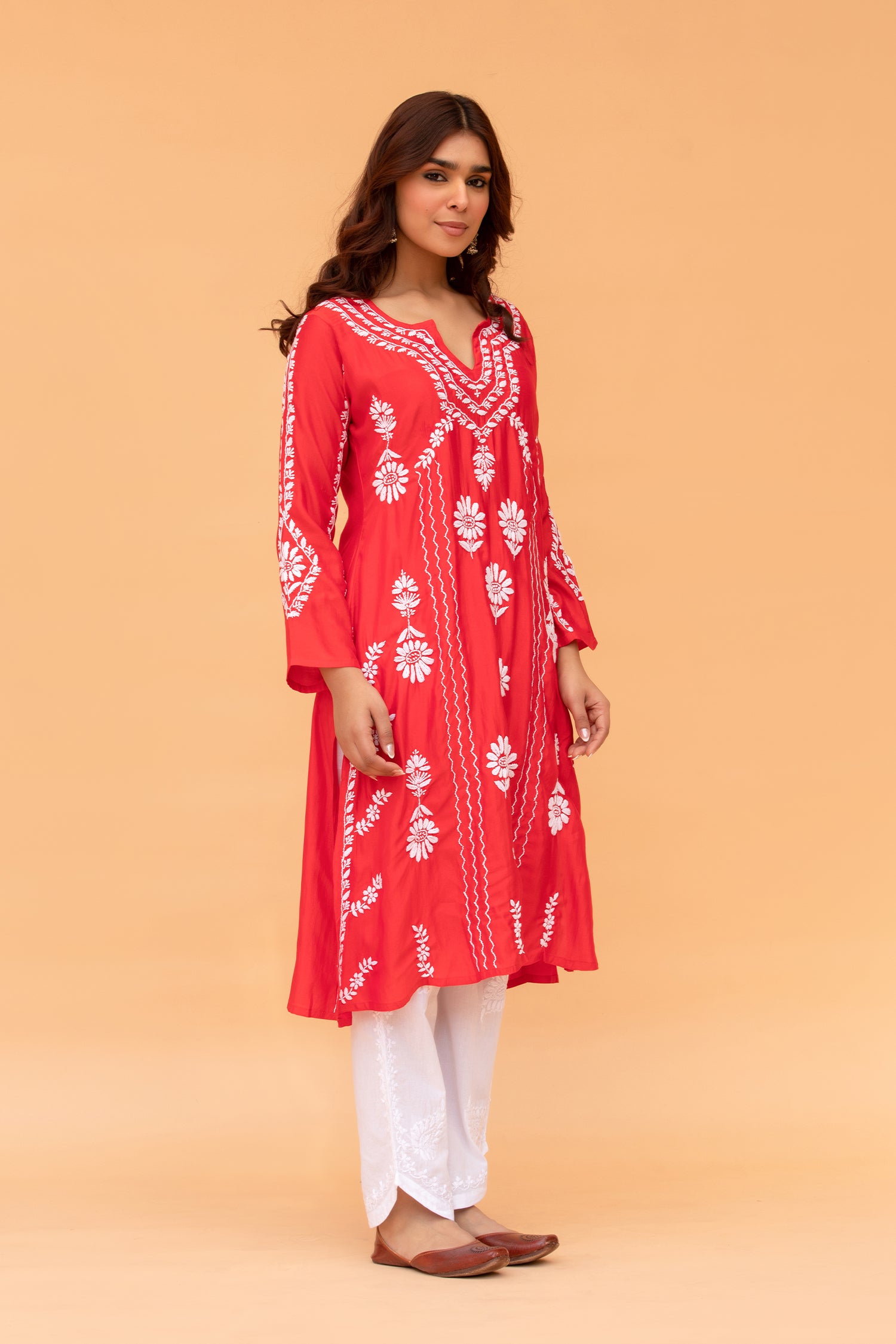 Saba Chikankari Long Kurta in Barfi Silk - Red