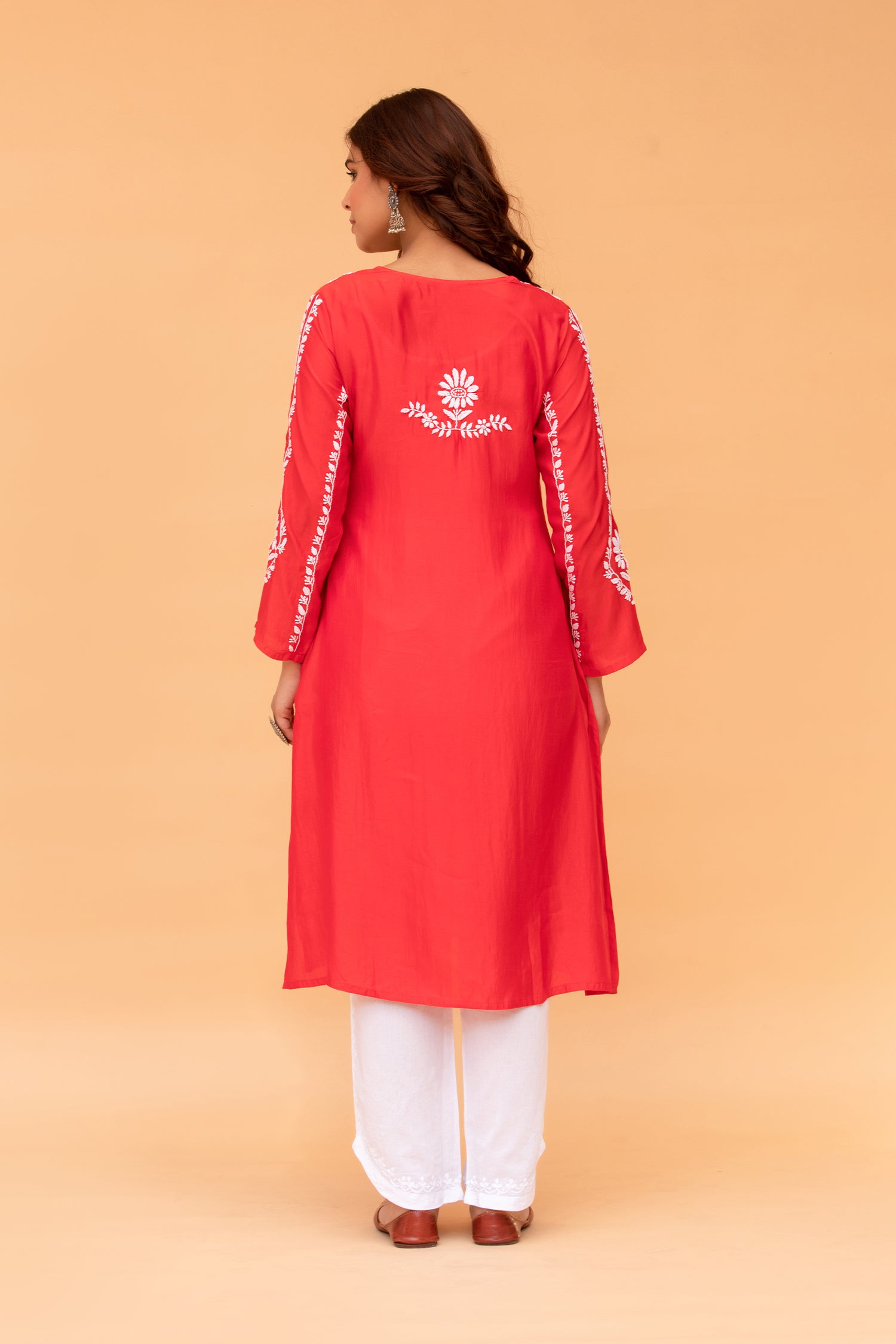 Saba Chikankari Long Kurta in Barfi Silk - Red