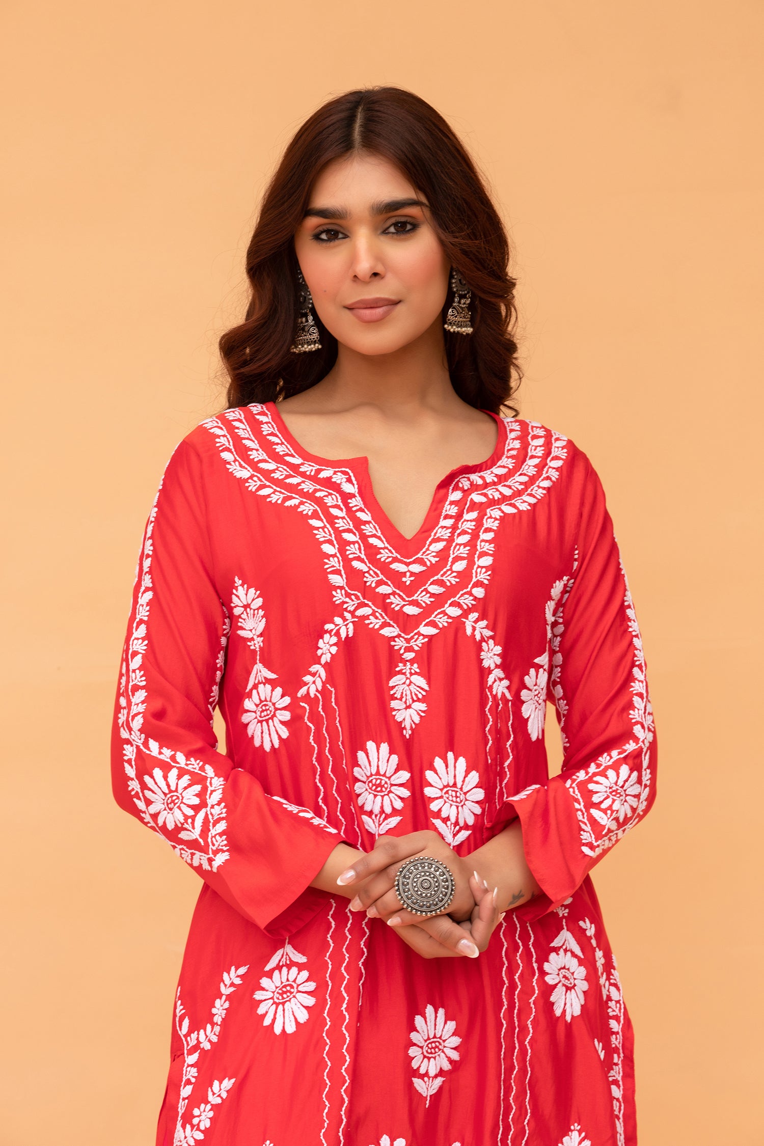 Saba Chikankari Long Kurta in Barfi Silk - Red