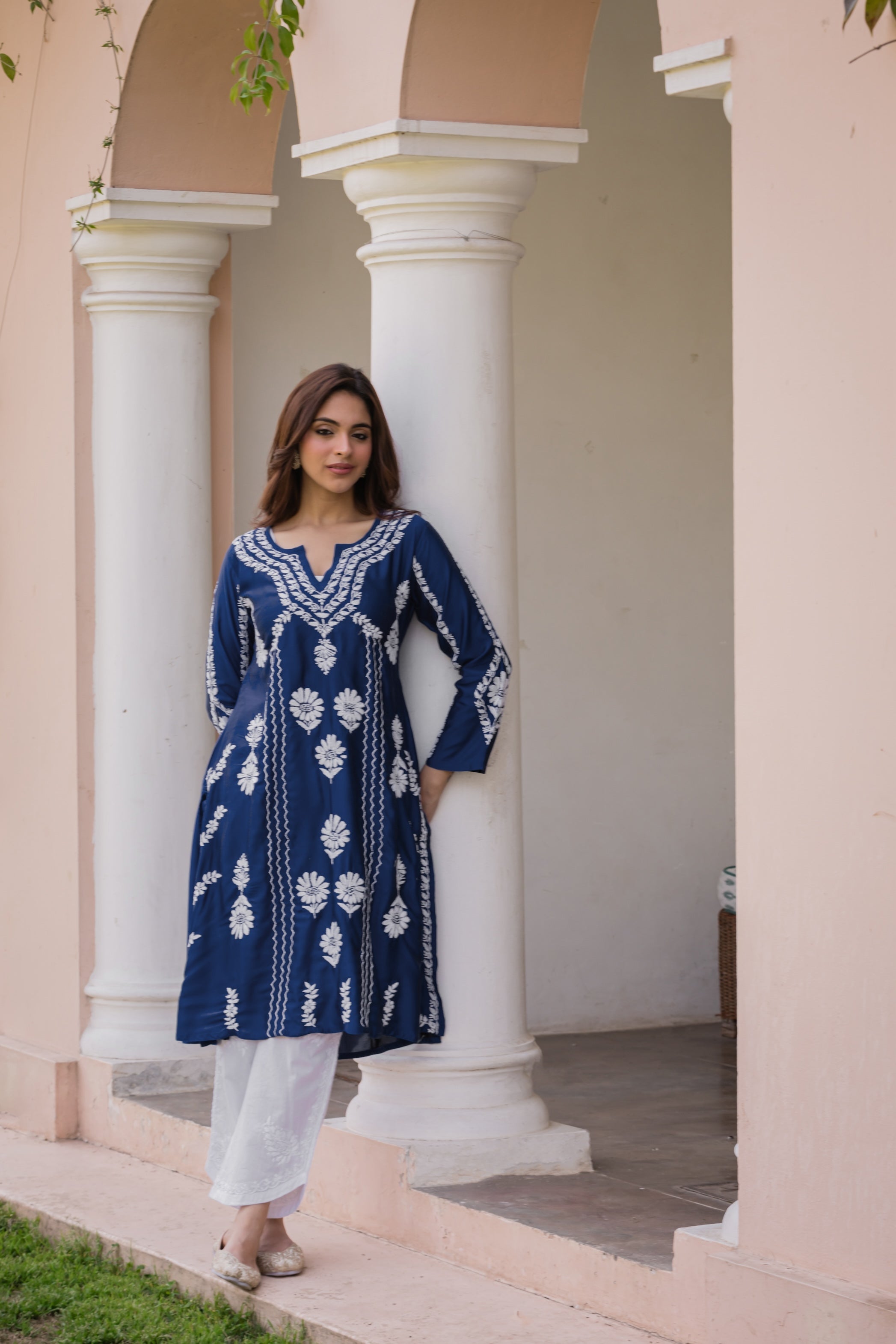 Saba Chikankari Long Kurta in Barfi Silk - Navy Blue