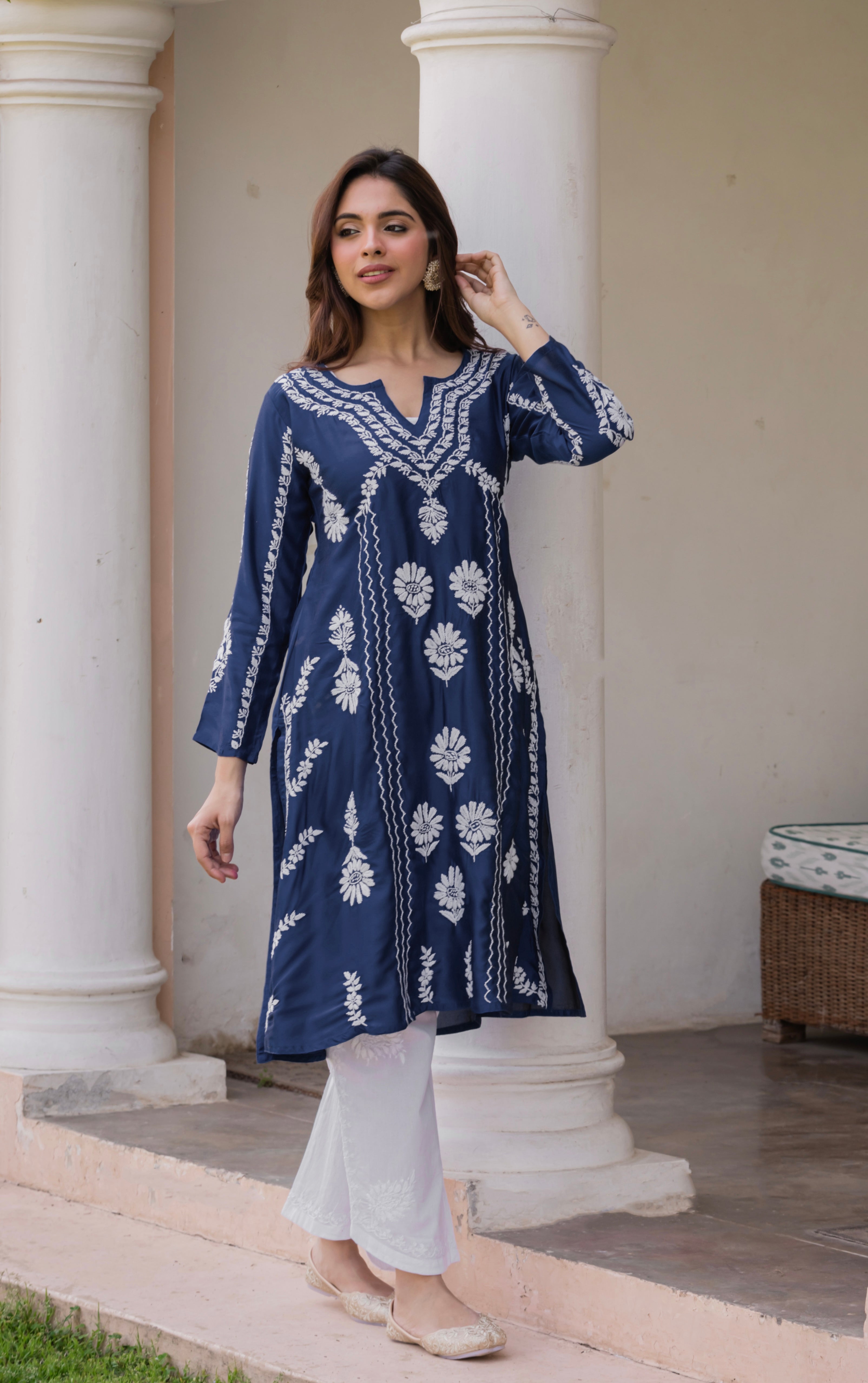 Saba Chikankari Long Kurta in Barfi Silk - Navy Blue