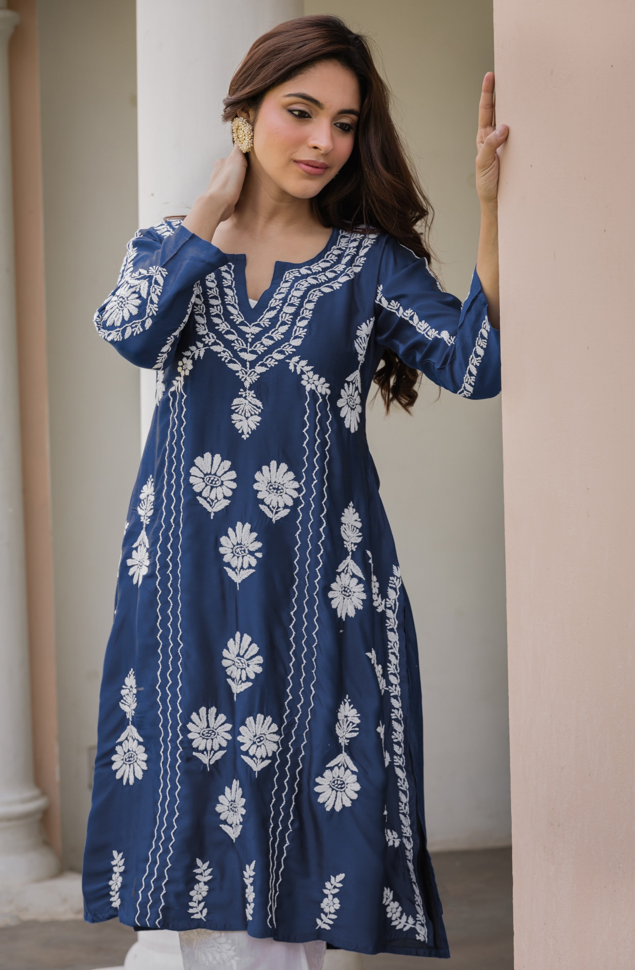 Saba Chikankari Long Kurta in Barfi Silk - Navy Blue