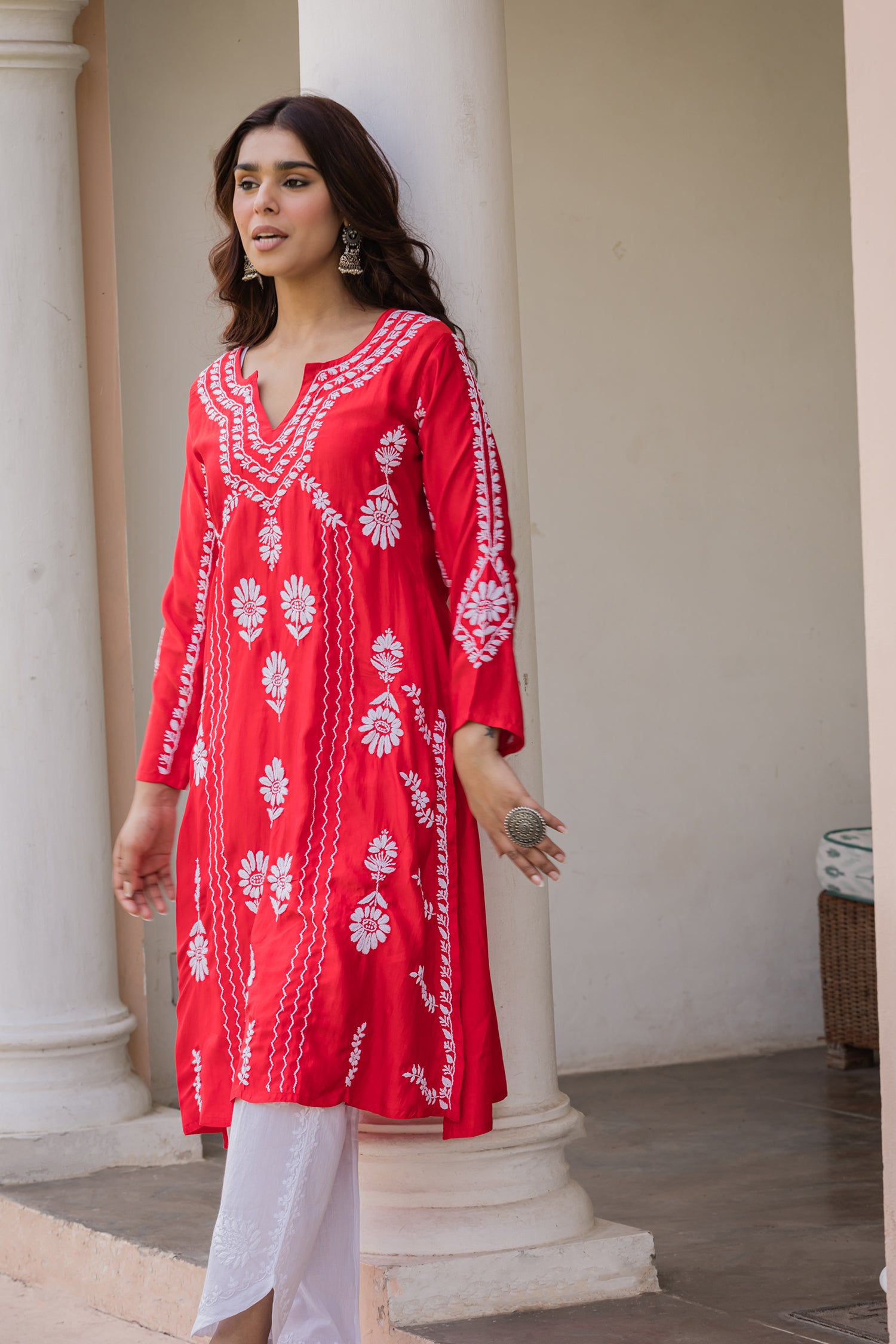 Saba Chikankari Long Kurta in Barfi Silk - Red