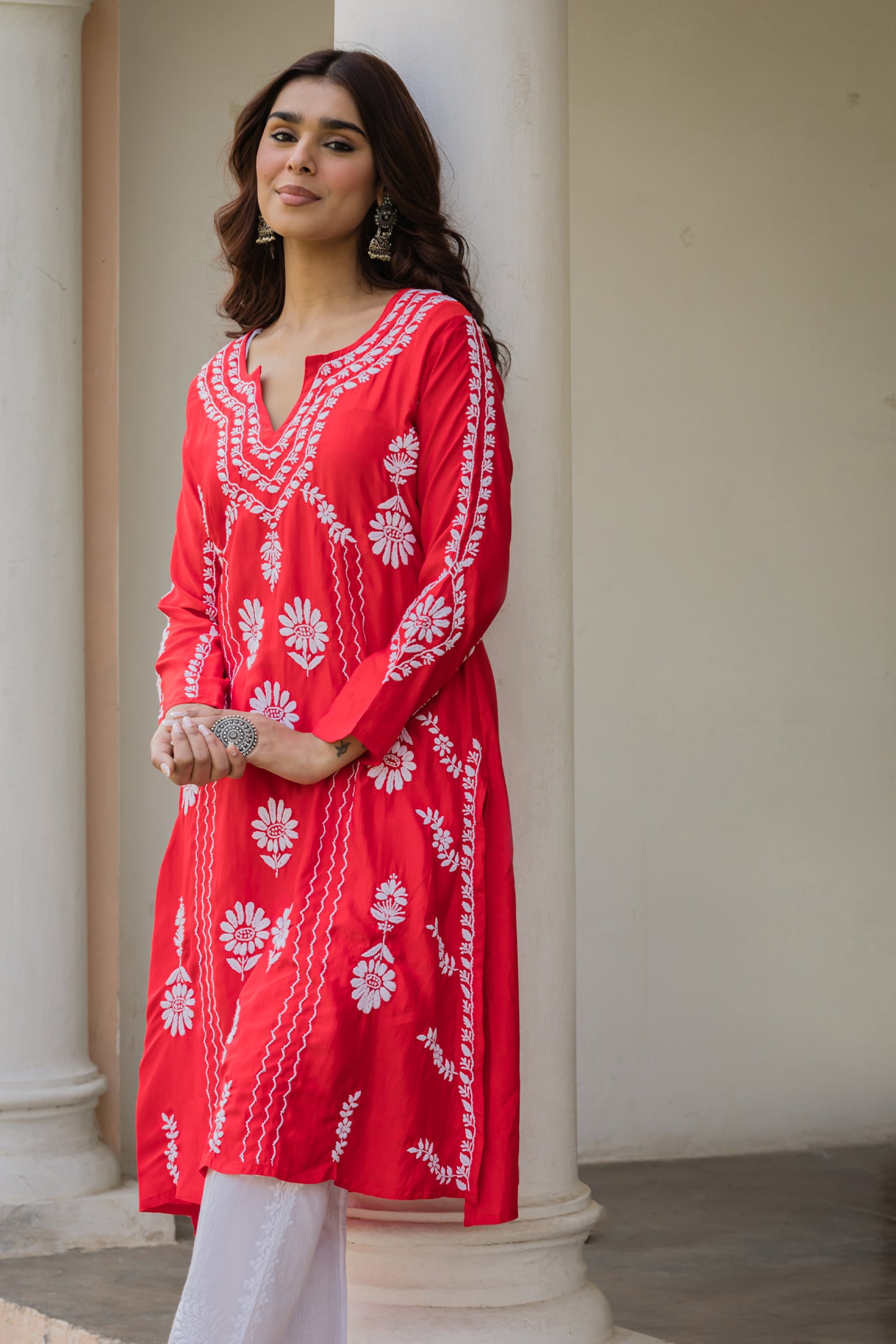 Saba Chikankari Long Kurta in Barfi Silk - Red