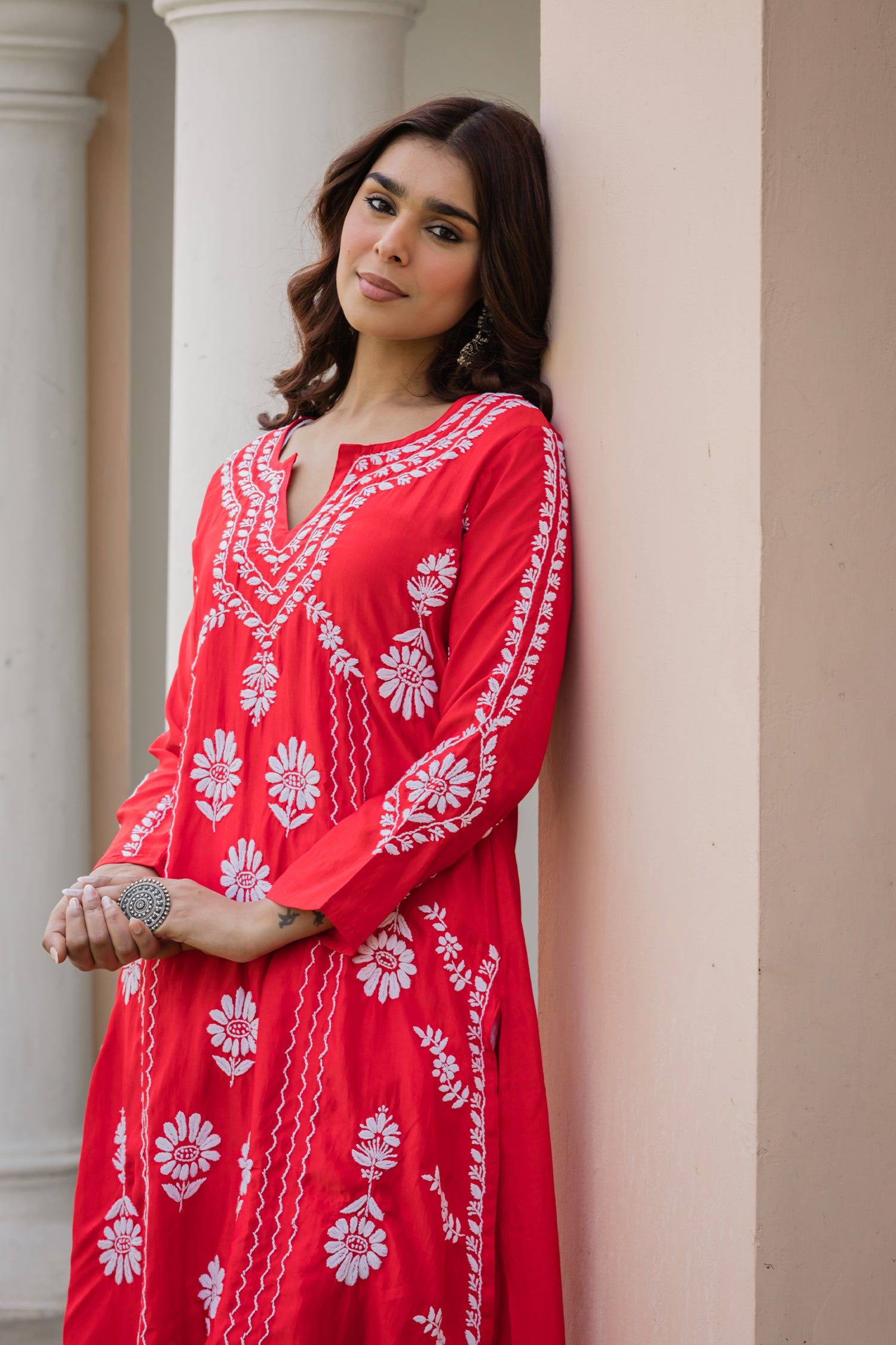 Saba Chikankari Long Kurta in Barfi Silk - Red