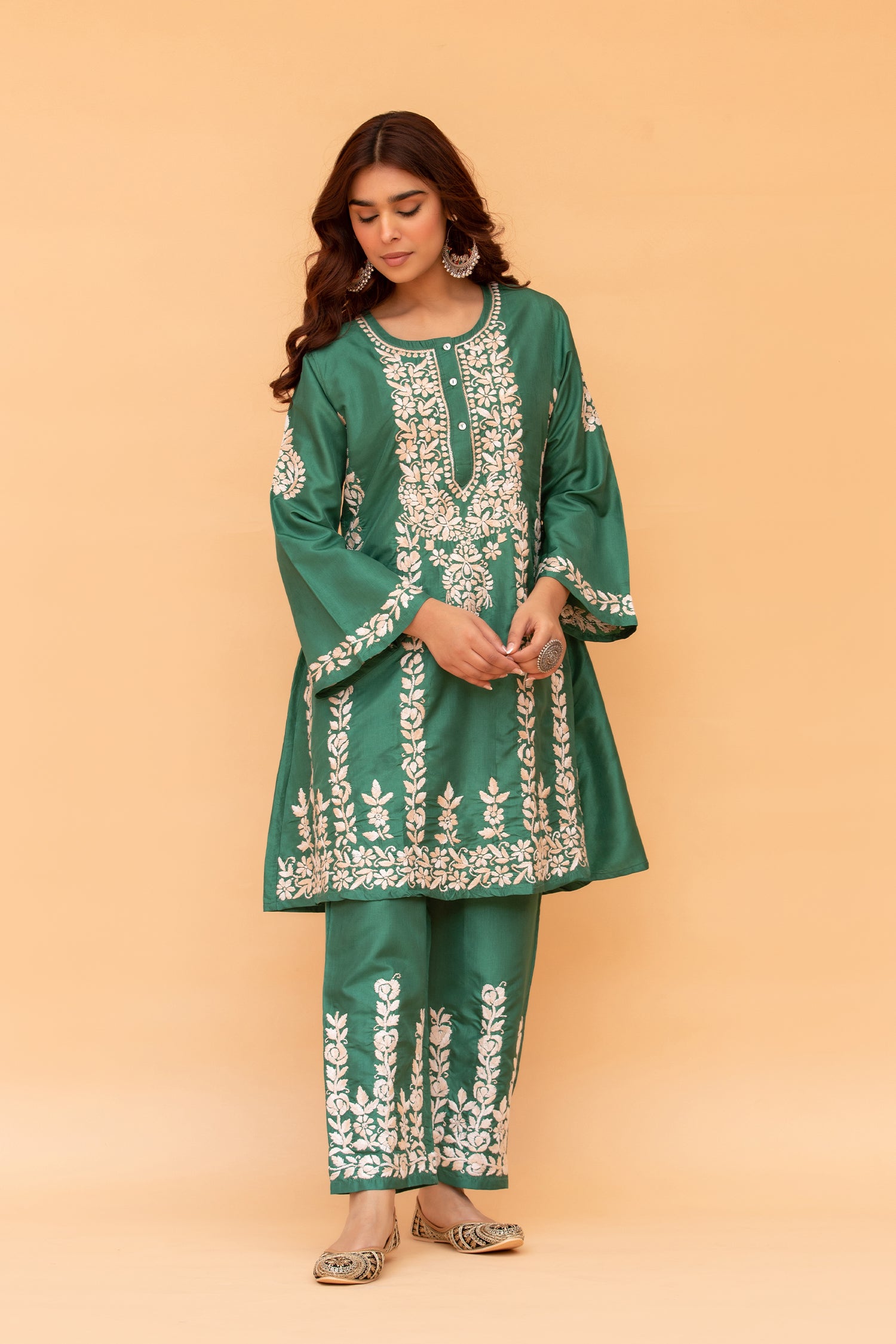 Saba Chikankari Kurta Set in Habutai Silk - Green