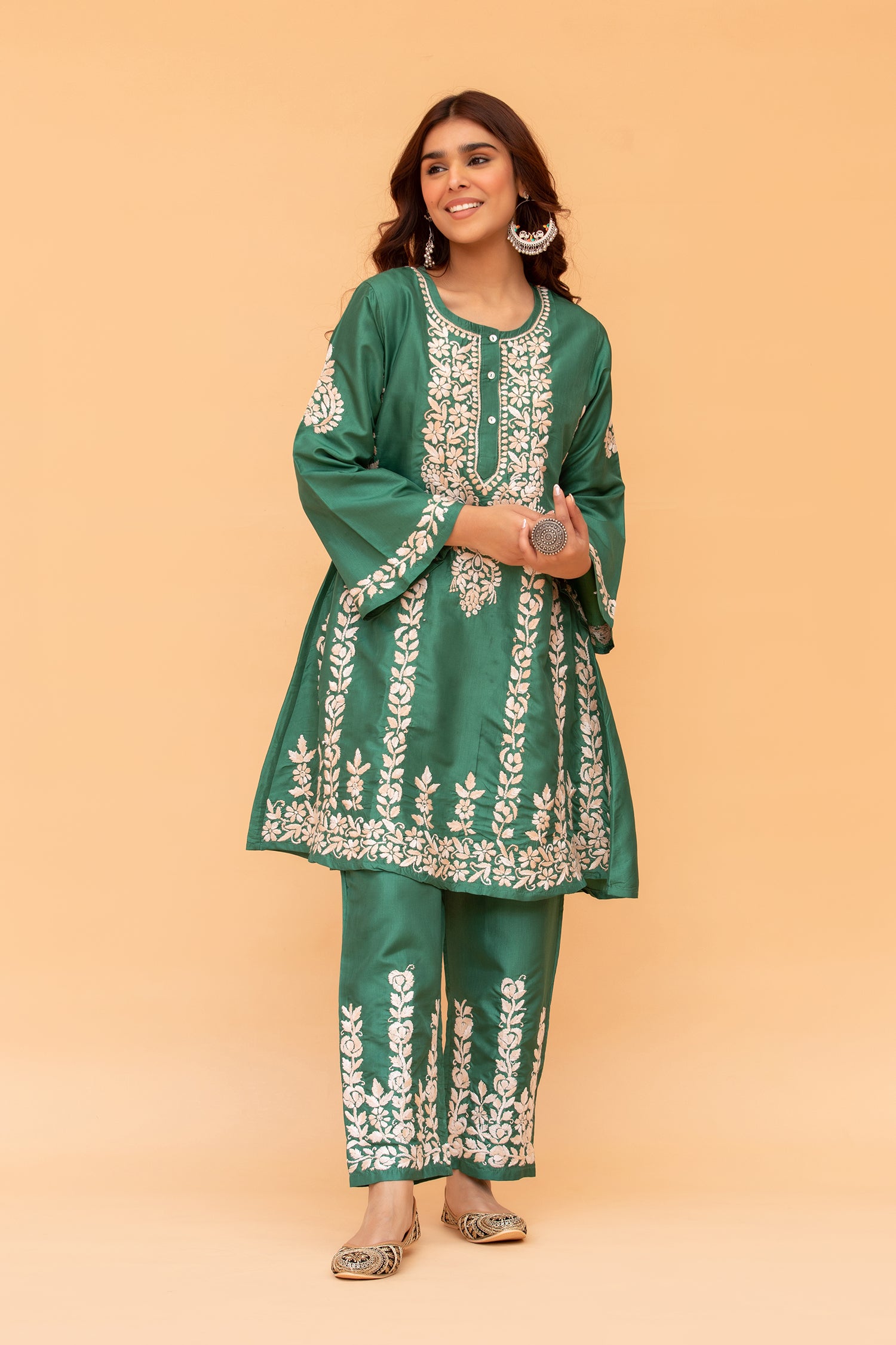 Saba Chikankari Kurta Set in Habutai Silk - Green