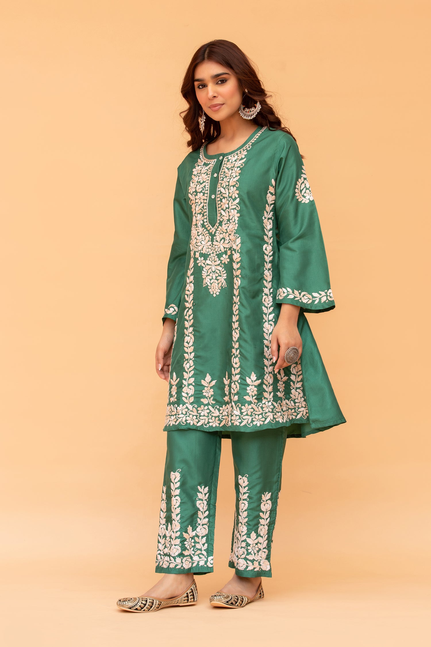 Saba Chikankari Kurta Set in Habutai Silk - Green