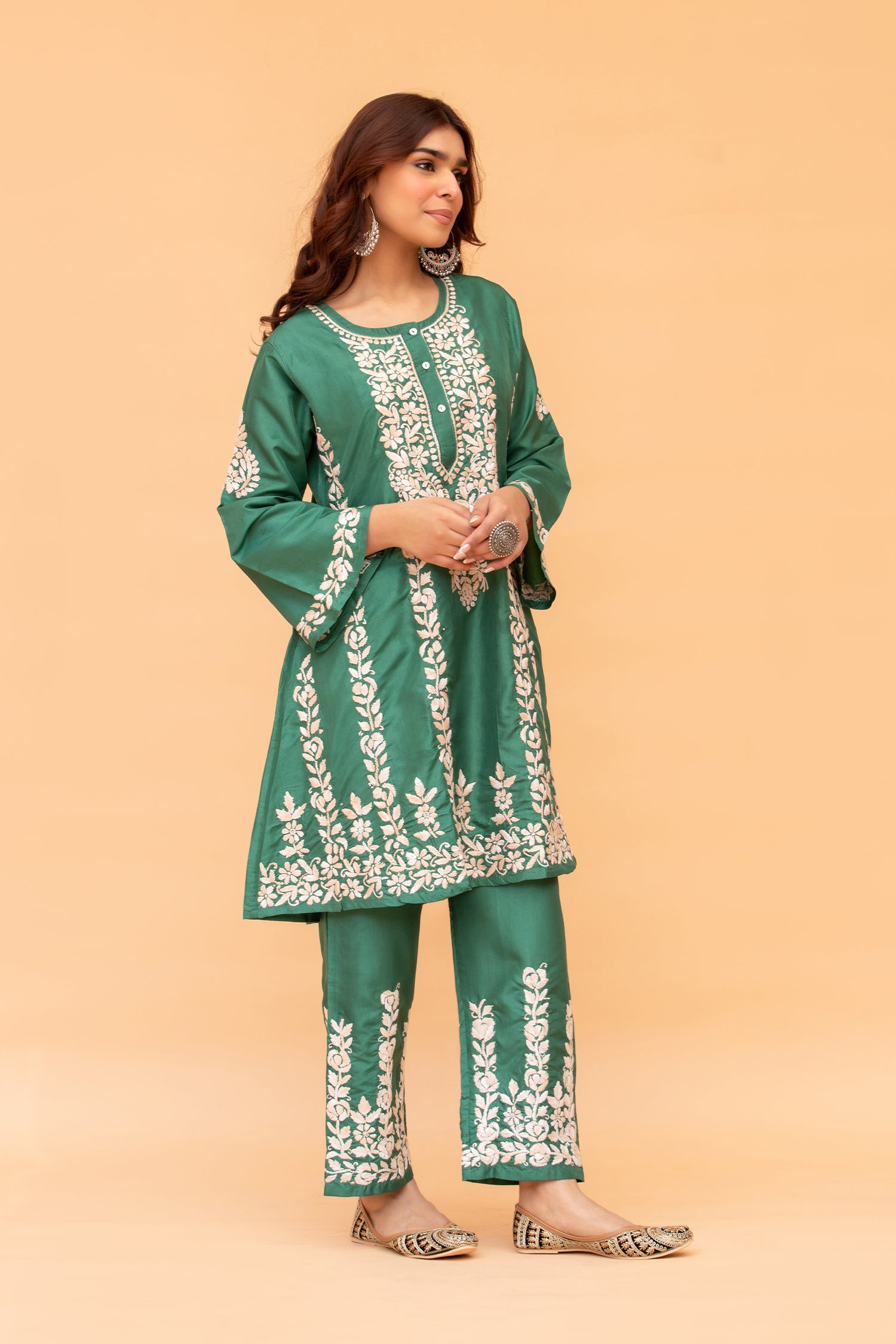 Saba Chikankari Kurta Set in Habutai Silk - Green