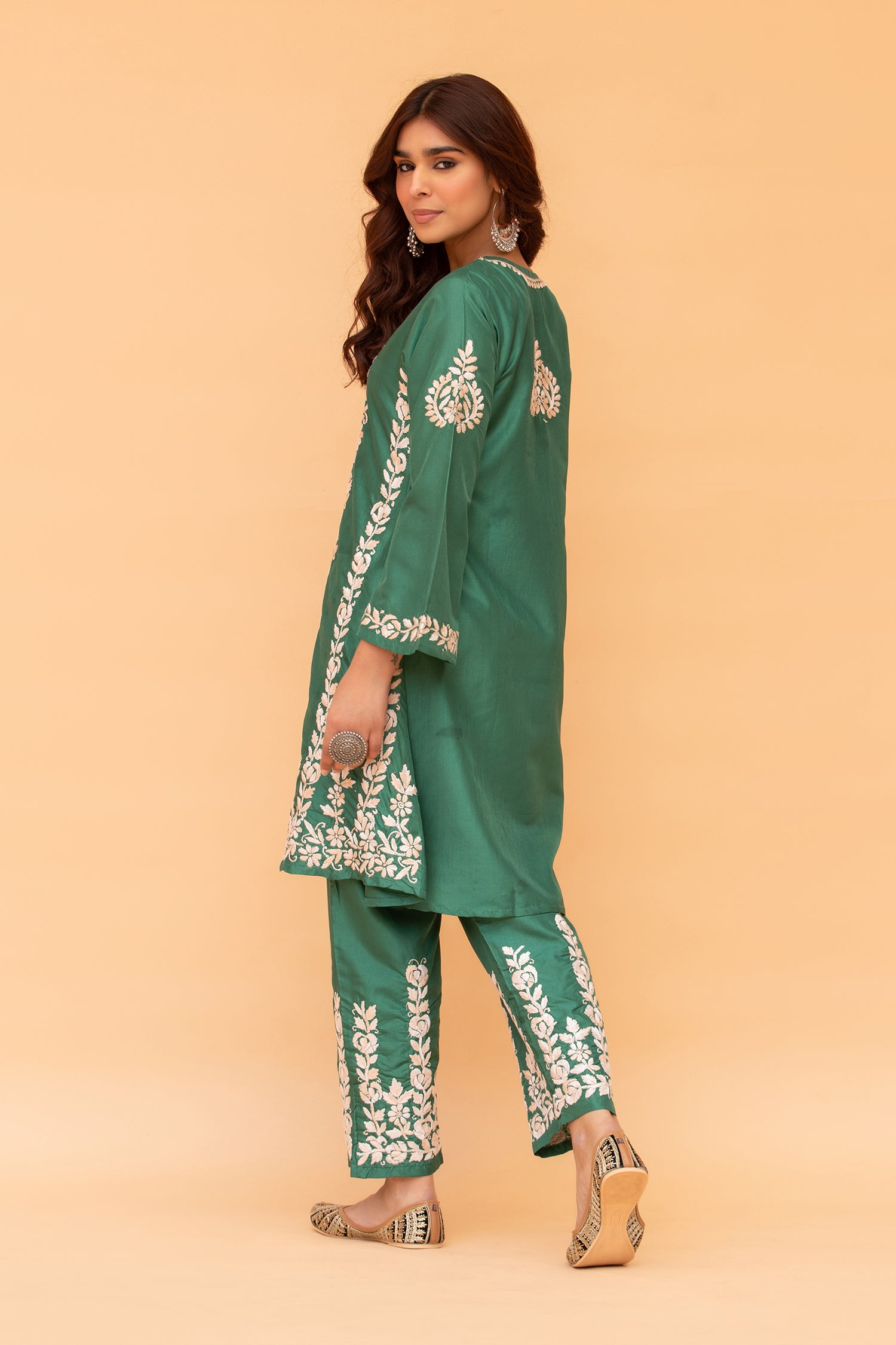 Saba Chikankari Kurta Set in Habutai Silk - Green