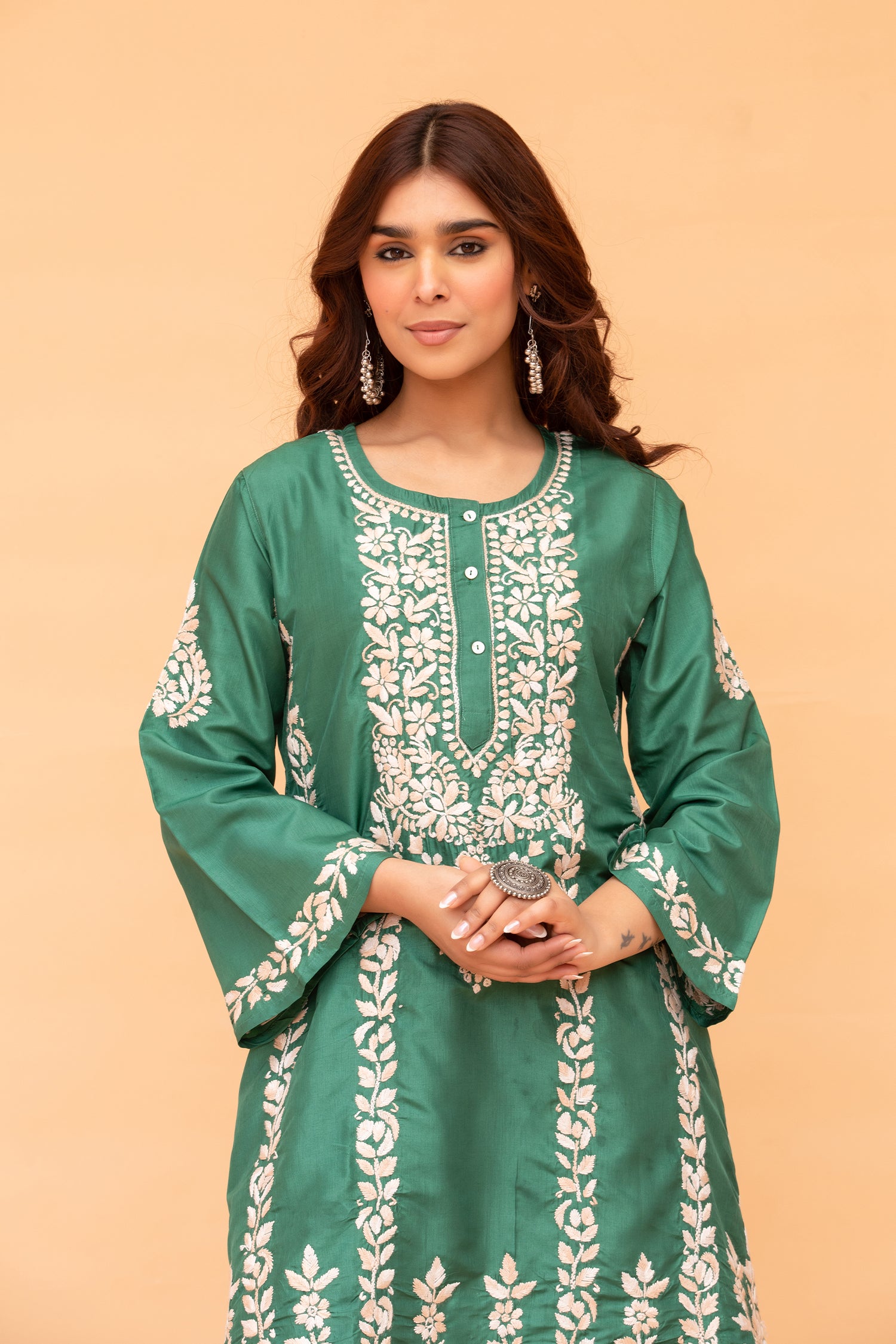 Saba Chikankari Kurta Set in Habutai Silk - Green