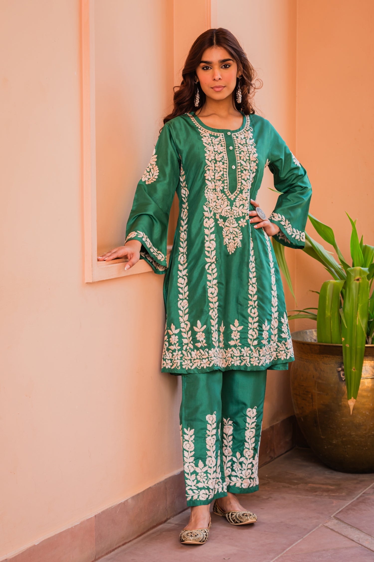 Saba Chikankari Kurta Set in Habutai Silk - Green