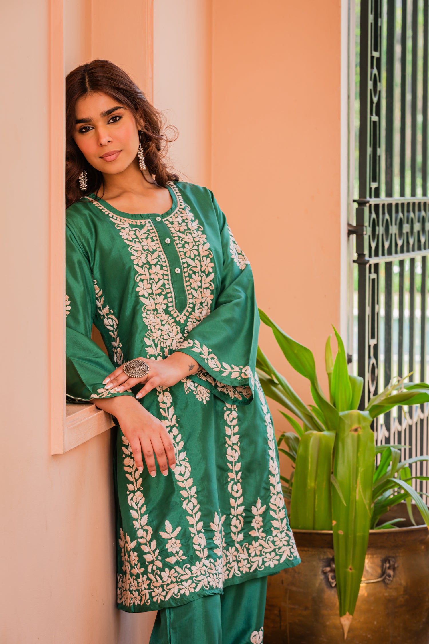 Saba Chikankari Kurta Set in Habutai Silk - Green