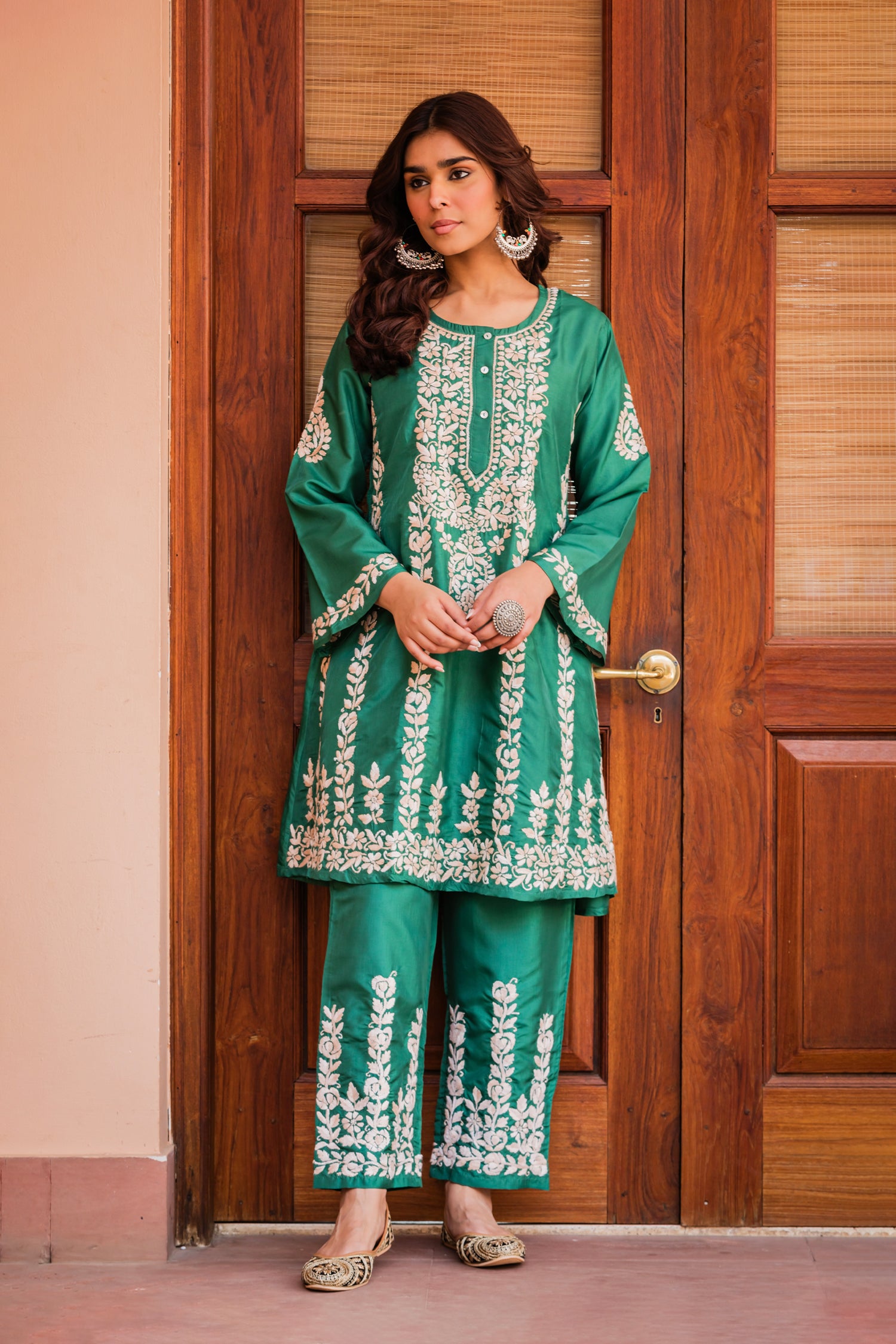 Saba Chikankari Kurta Set in Habutai Silk - Green