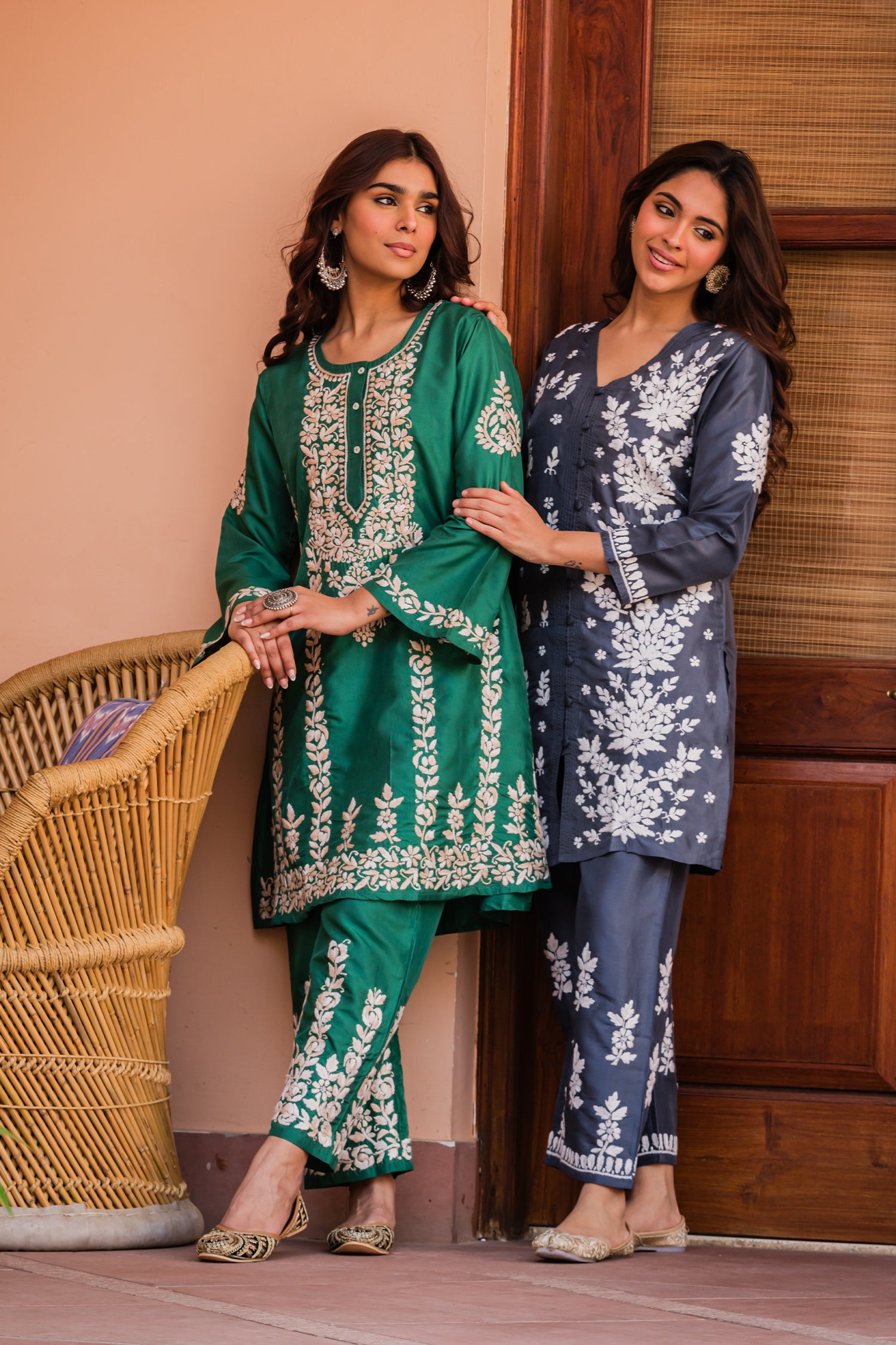 Saba Chikankari Kurta Set in Habutai Silk - Green