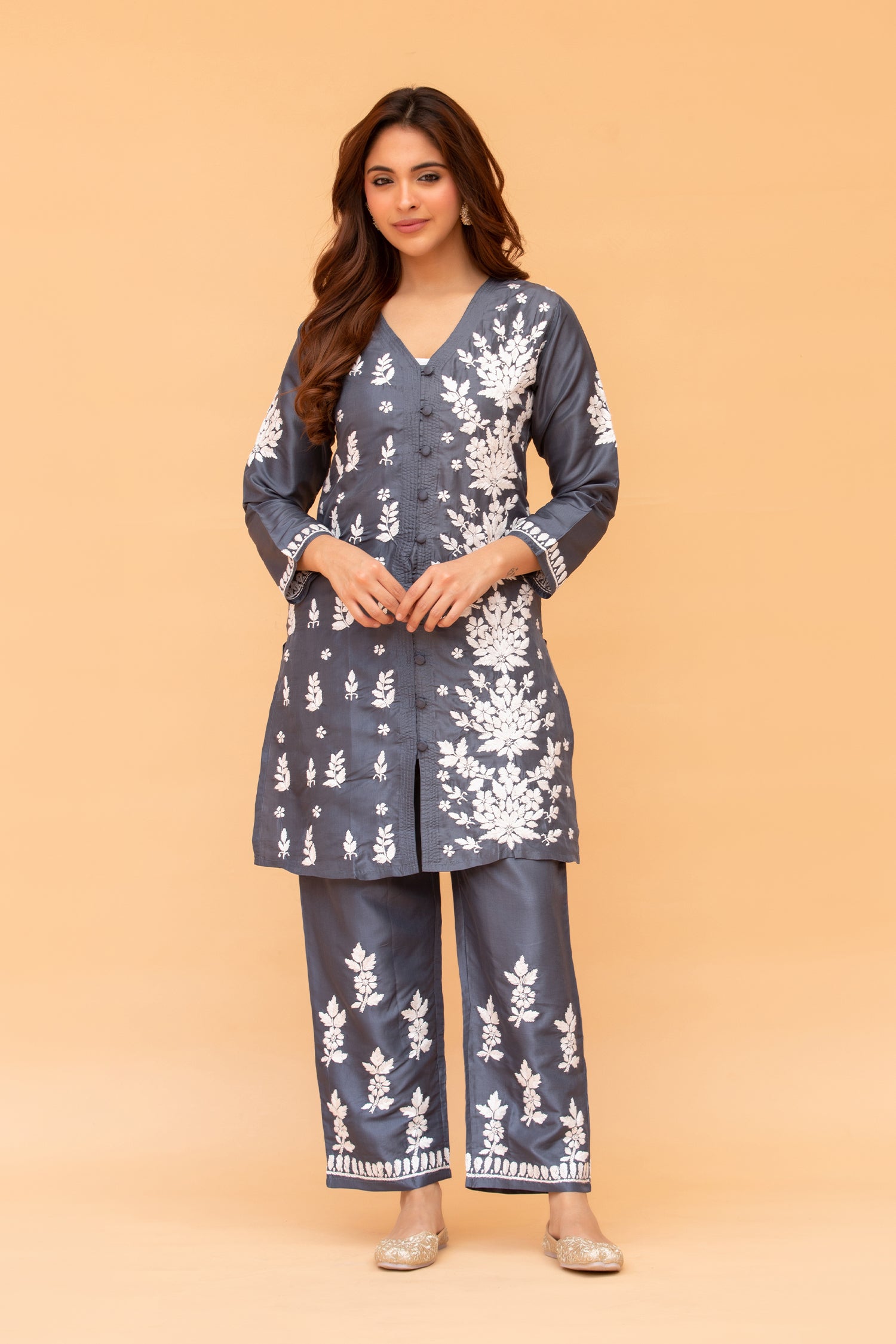 Fizaa Chikankari Long Kurta in Muslin Cotton for Women- Black Shade Print