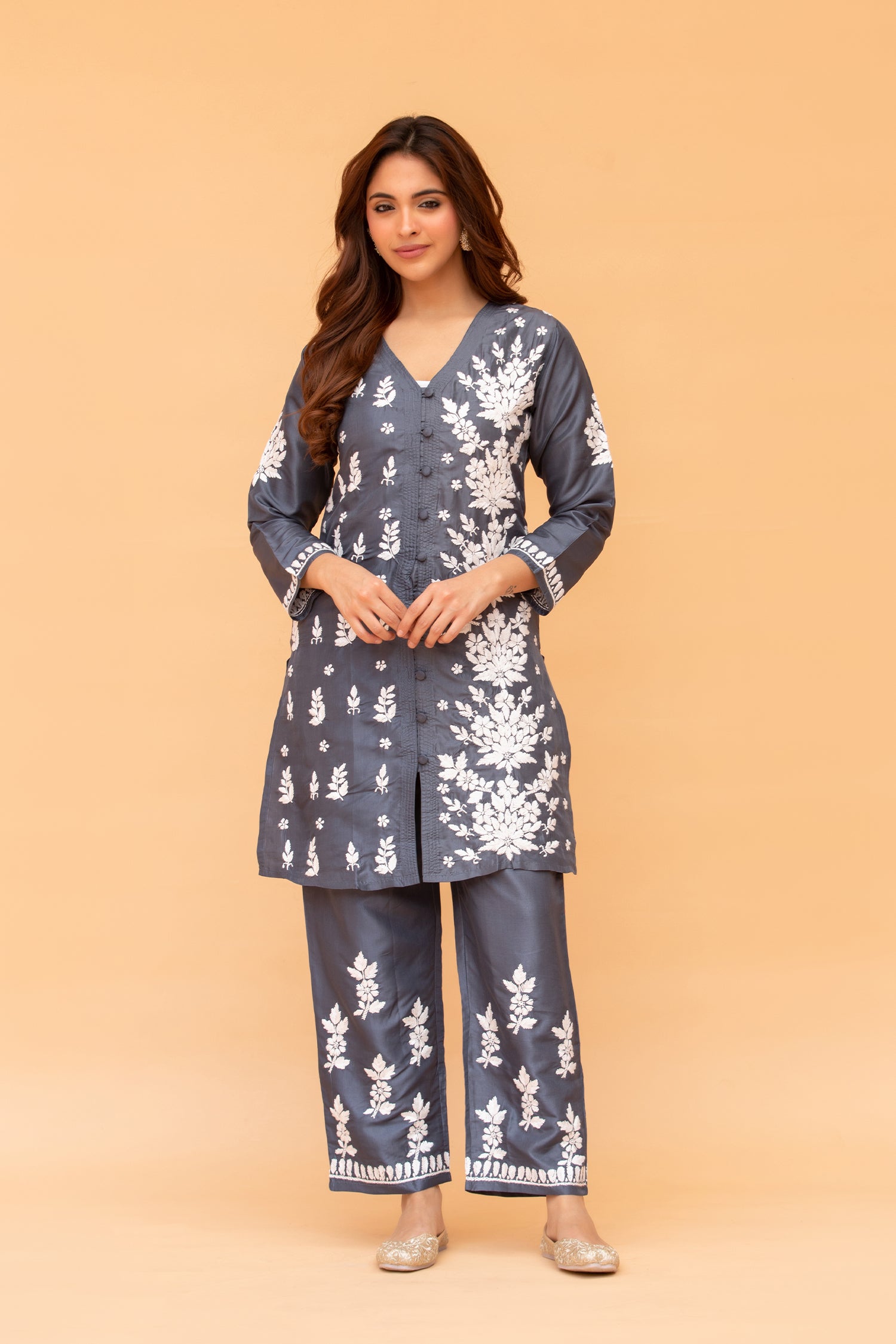 Saba Chikankari Kurta Set in Habutai Silk - Grey