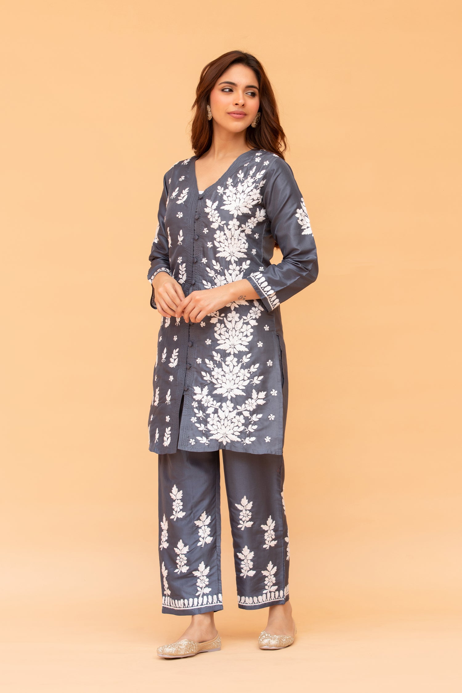 Fizaa Chikankari Long Kurta in Muslin Cotton for Women- Black Shade Print