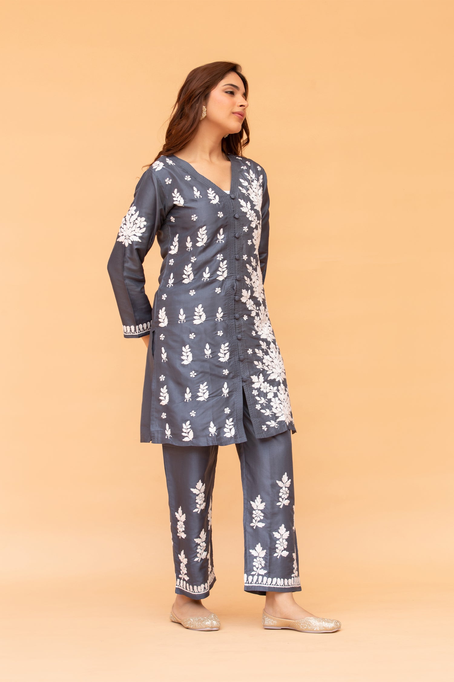 Fizaa Chikankari Long Kurta in Muslin Cotton for Women- Black Shade Print