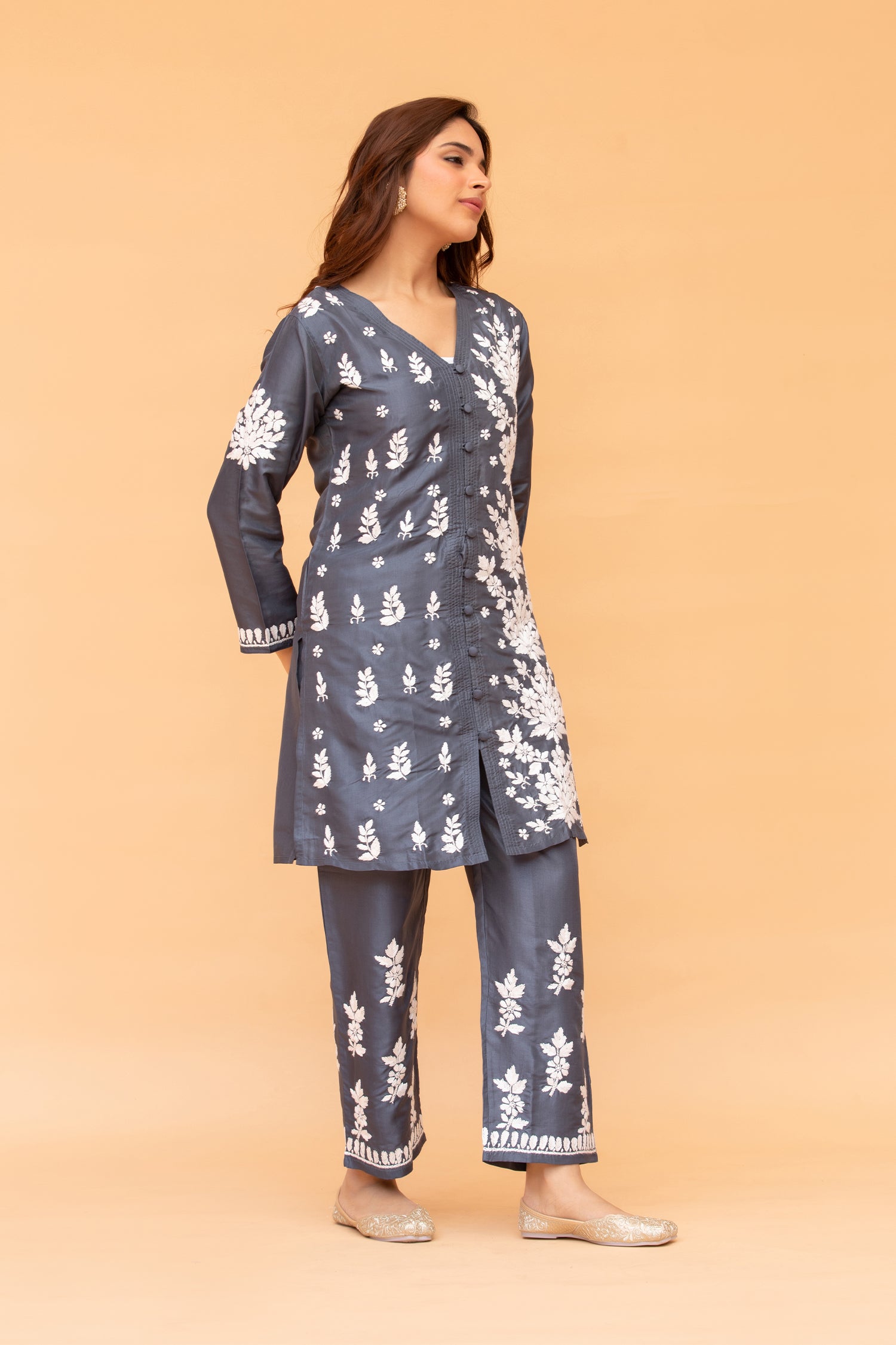 Saba Chikankari Kurta Set in Habutai Silk - Grey