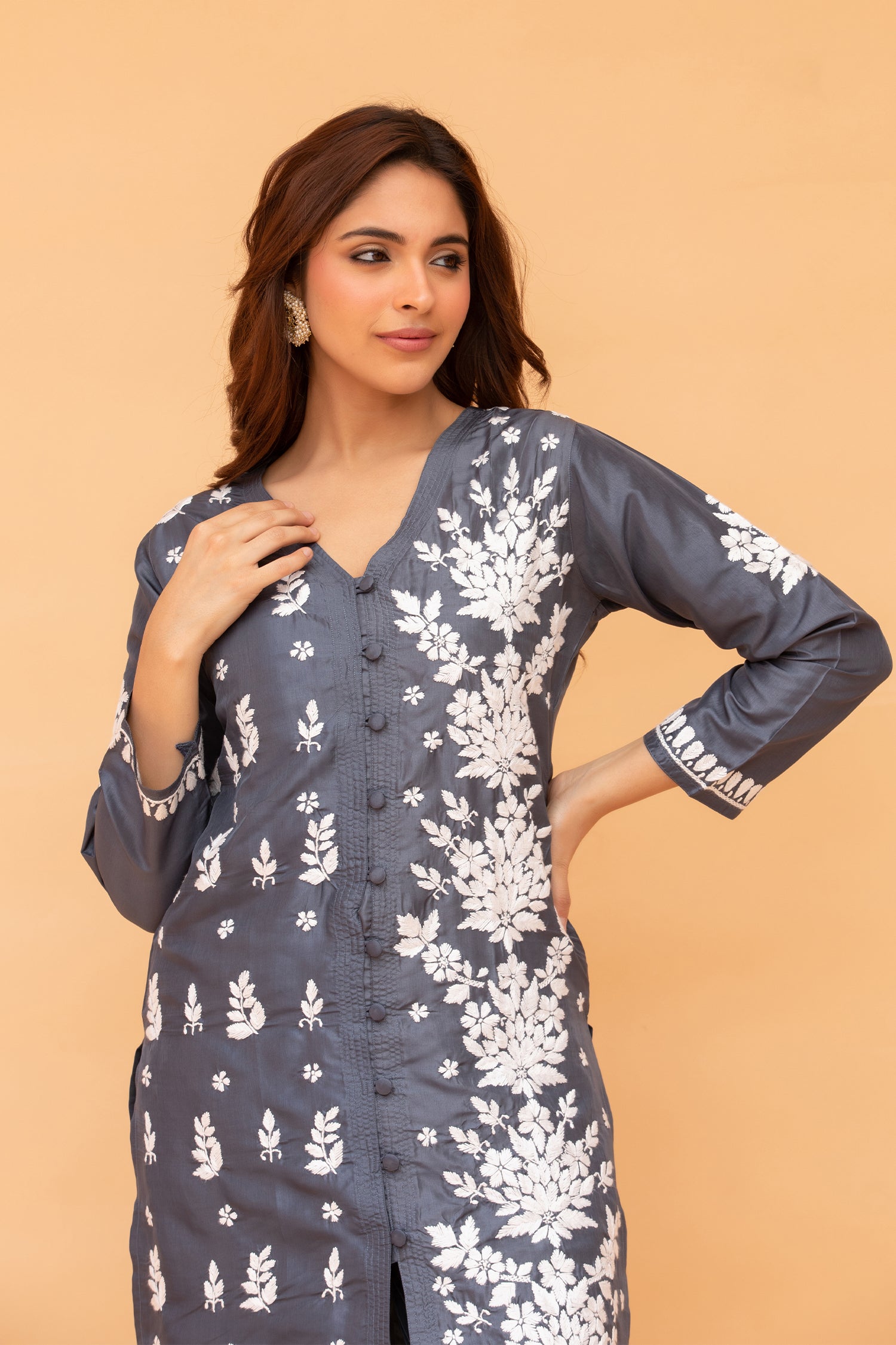 Saba Chikankari Kurta Set in Habutai Silk - Grey