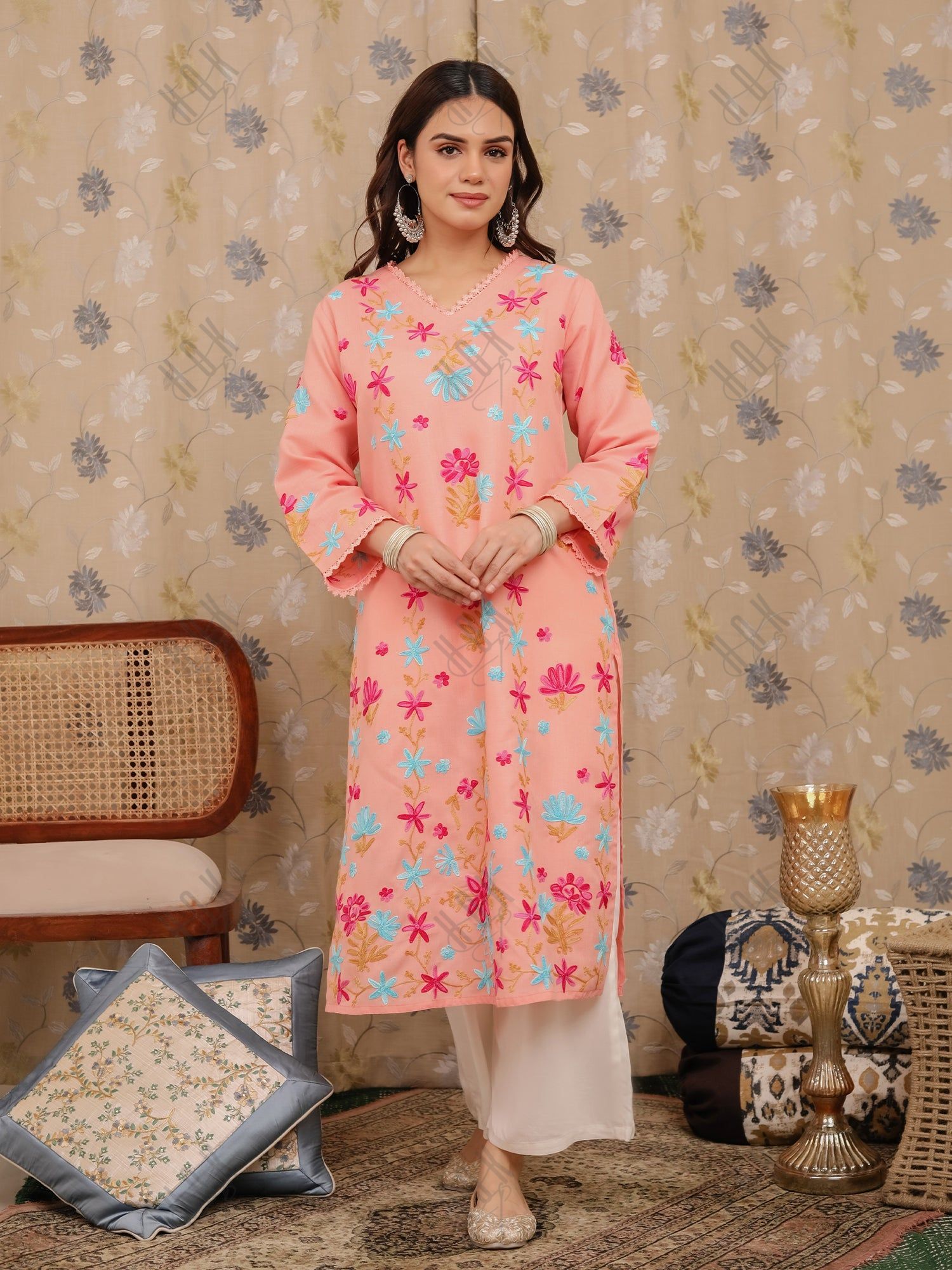 Falak Kashmiri Long Kurta - Peach