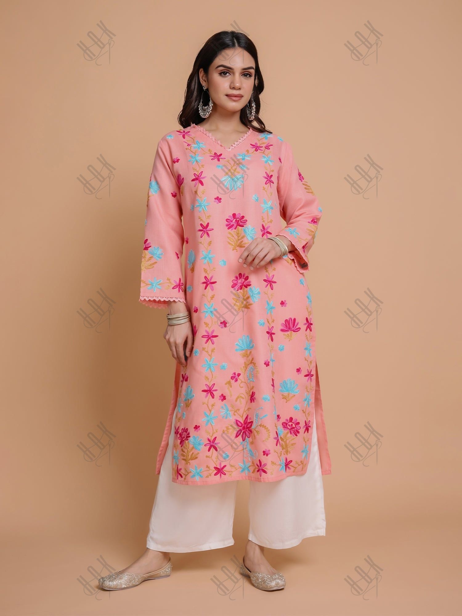 Falak Kashmiri Long Kurta - Peach