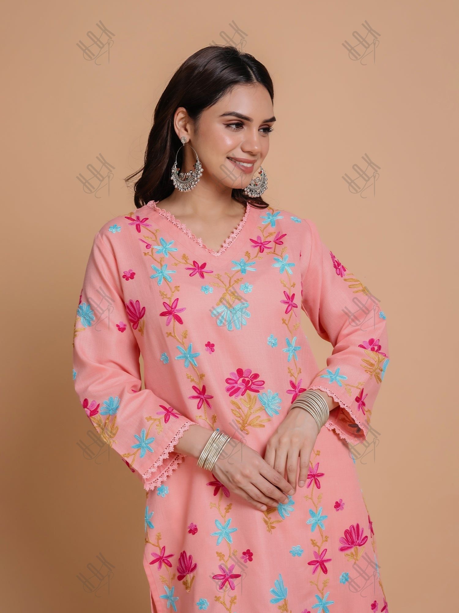 Falak Kashmiri Long Kurta - Peach