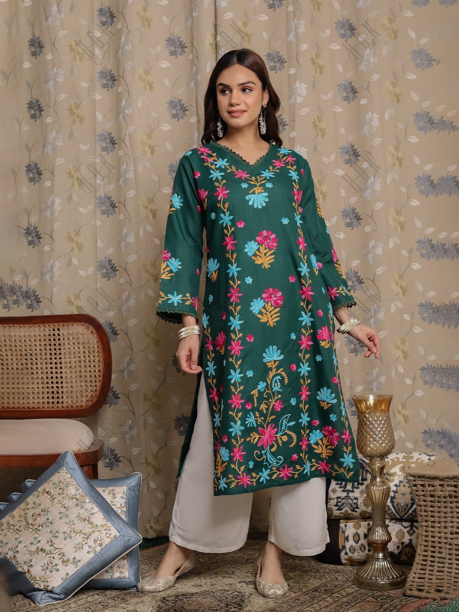 Falak Kashmiri Long Kurta - Green