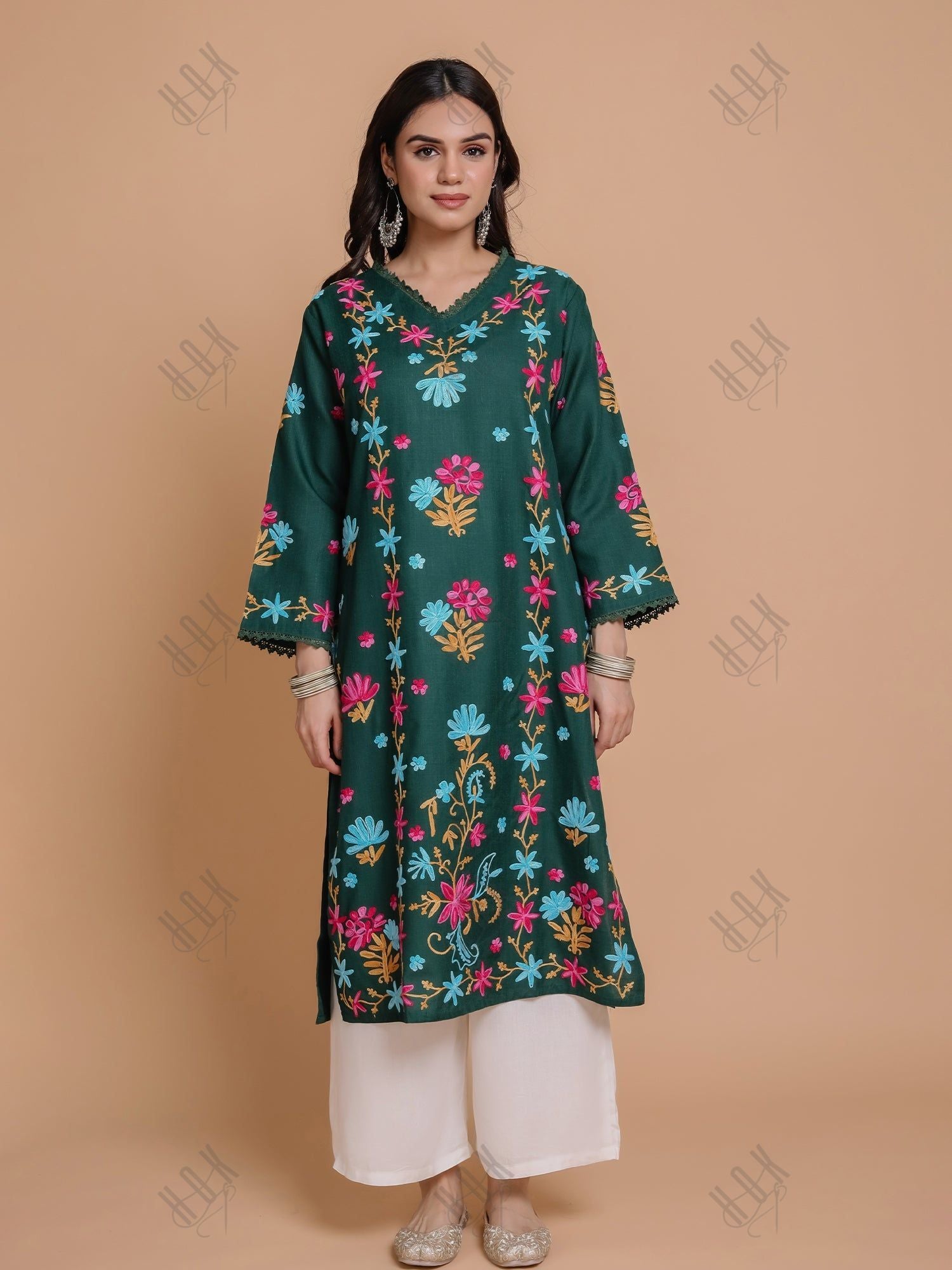 Falak Kashmiri Long Kurta - Green