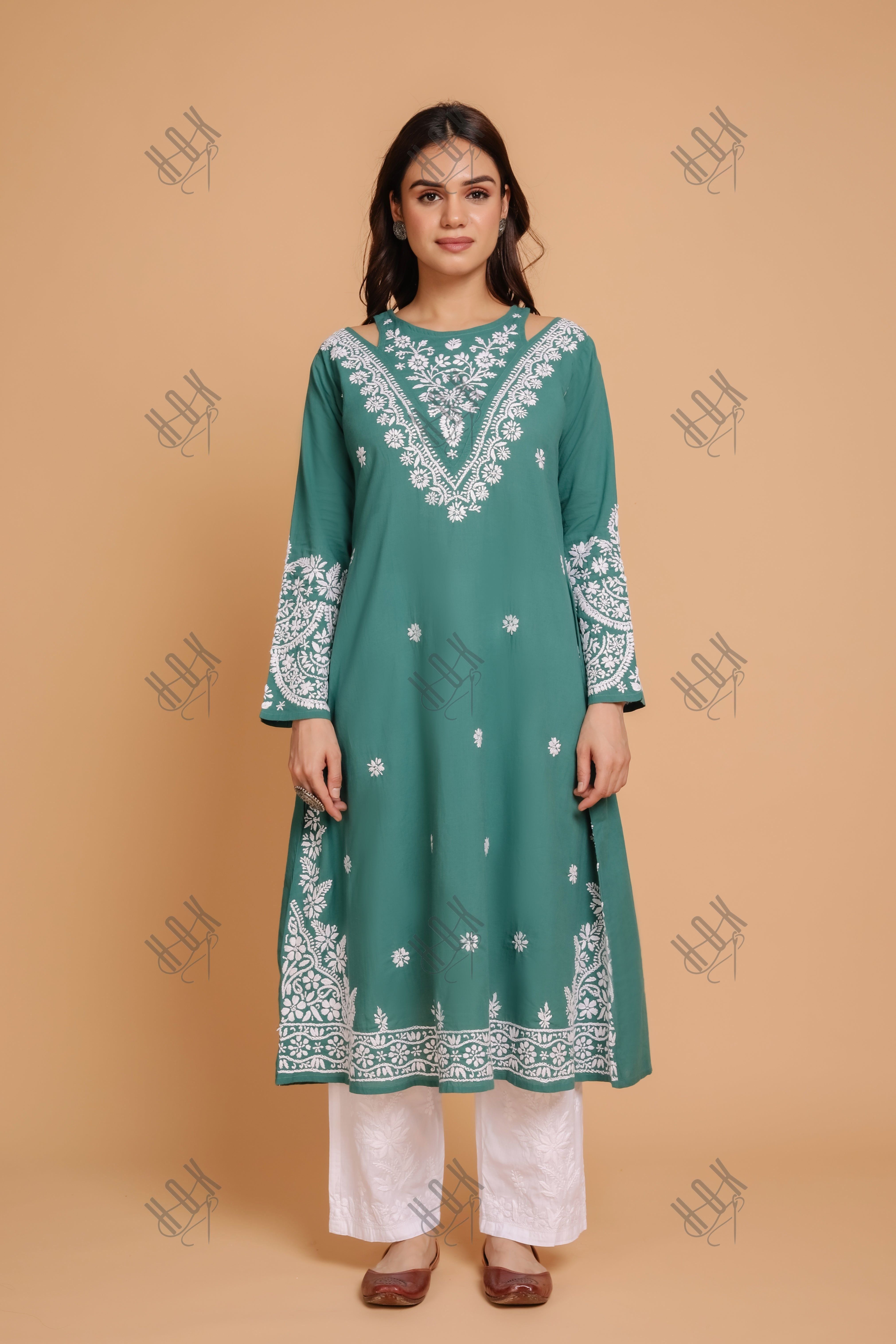 Triyata in Saba Chikankari Long kurta in cotton - Green