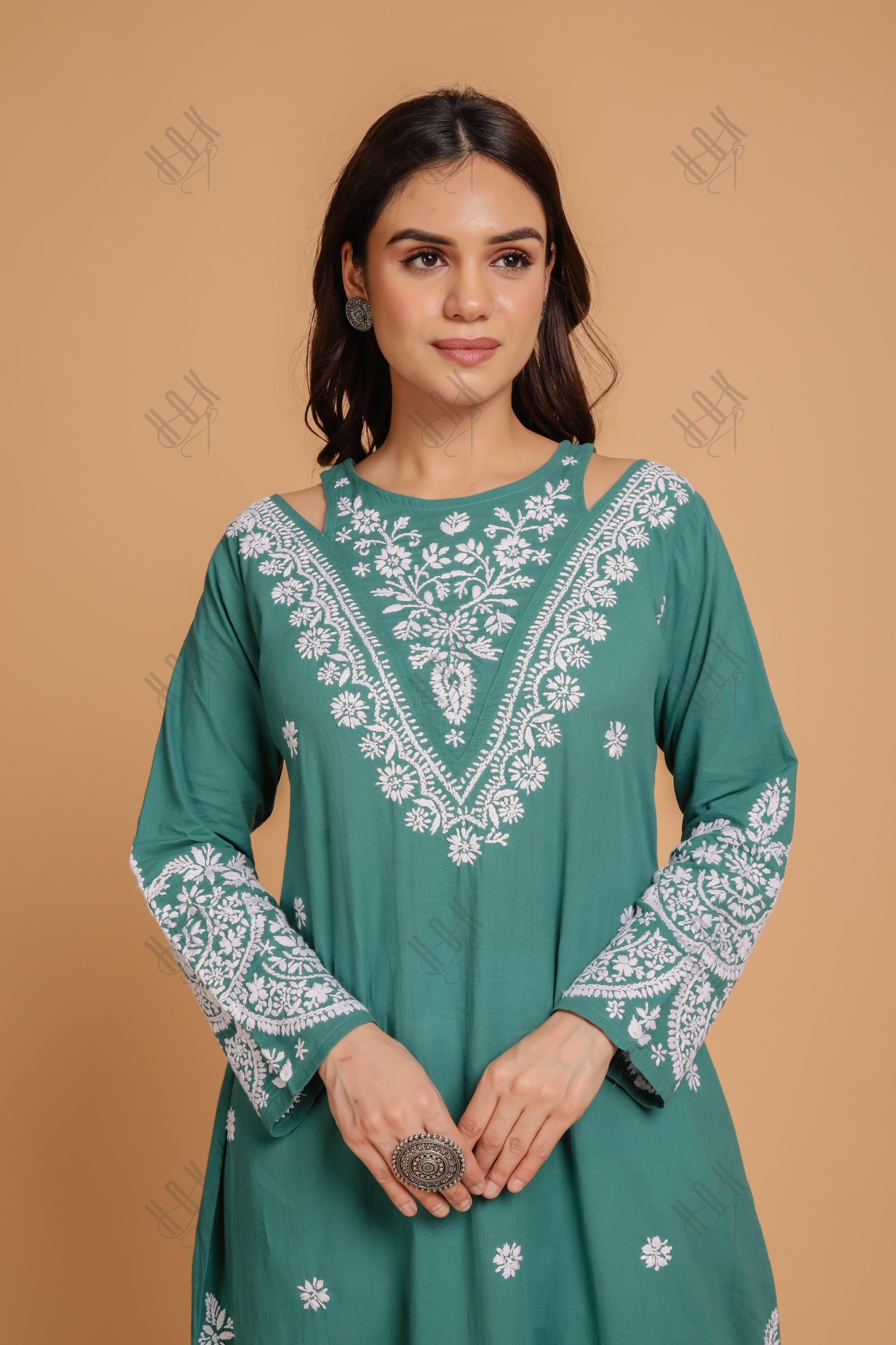 Saba Chikankari Long kurta in cotton - Green